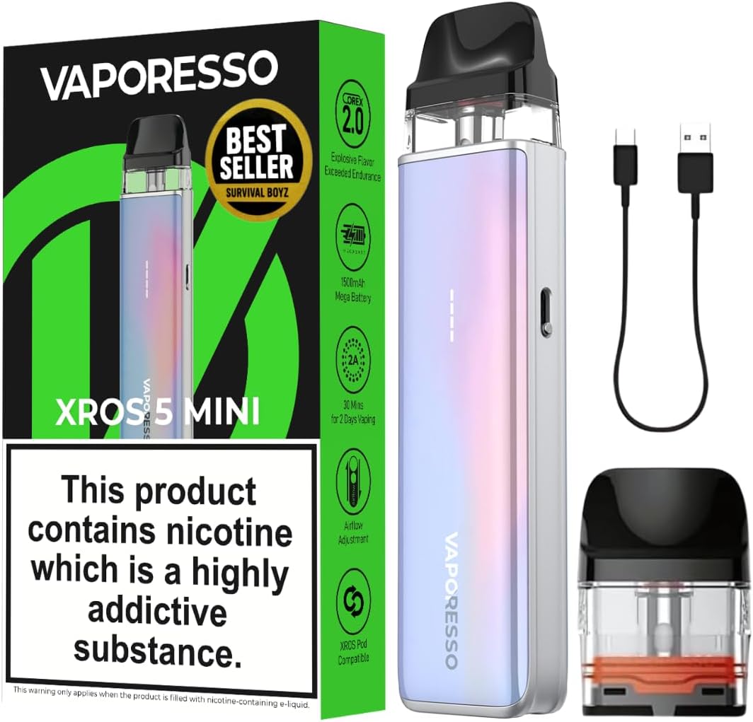 Vaporesso XROS 5 Mini Vape Kit [Pastel Crystal] – 1500mAh Mega Battery, 30W Output, Type-C Fast Charge, Anti-Leak Tech, Top-Fill Pods – Works with All XROS Pods – 10 Colours – No Nicotine