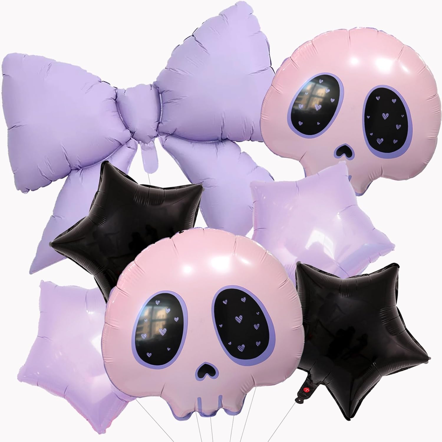 Pink Skull Balloons, Purple Bowknot balloons, Black Purple Star balloons for Girls Birthday Party Decorations, Gothic Birthday Supplies,Halloween Party Decorations 7pcs