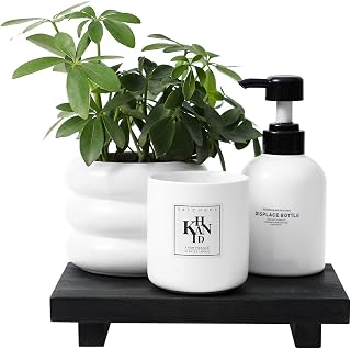 Bathroom Counter Organizer Wood Pedestal Stand Farmhouse Decorative Tray Soap Holder for Kitchen Decor, 9" x 6" - Black