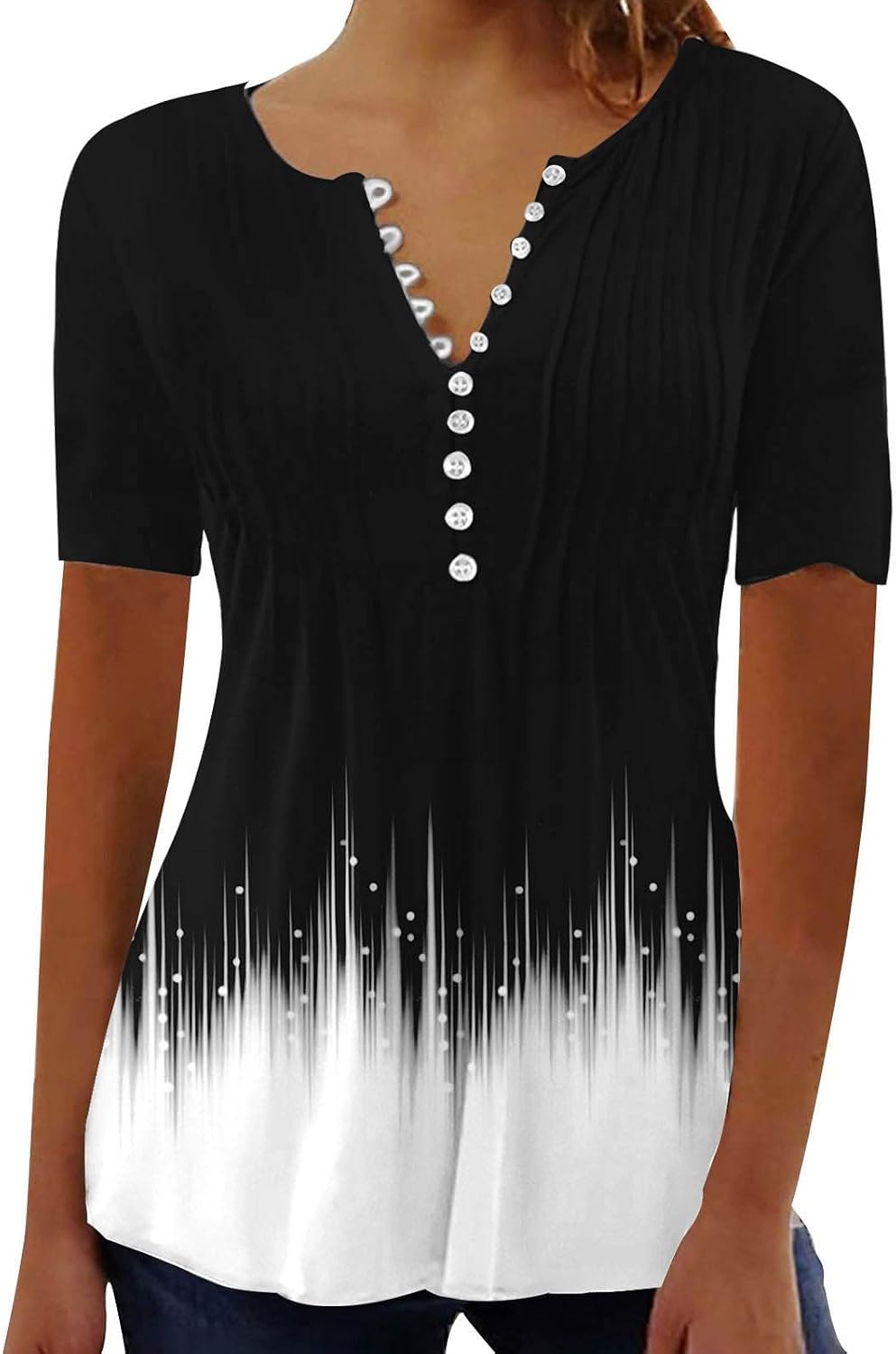 2024 Summer T Shirts for Women UK Short Sleeve Button Up V Neck Tops Trendy Pleated Henley Tunic Shirts Dressy Casual Butterfly Floral Print Blouse Ladies Elegant Going Out Tee