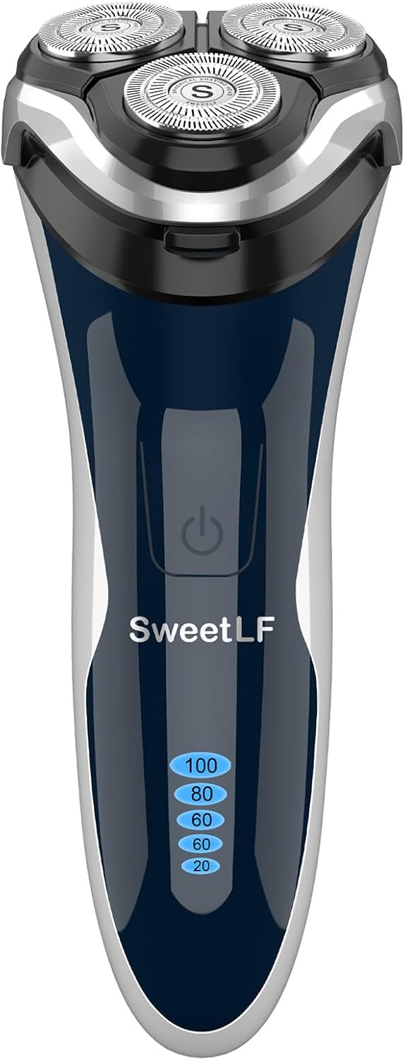 Electric Razor for Men, SweetLF 100% Waterproof Electric Shaver, Type C Rechargeable, Wet & Dry Rotary Shavers for Men with Pop up Trimmer, Corded and Cordless, Navy Blue