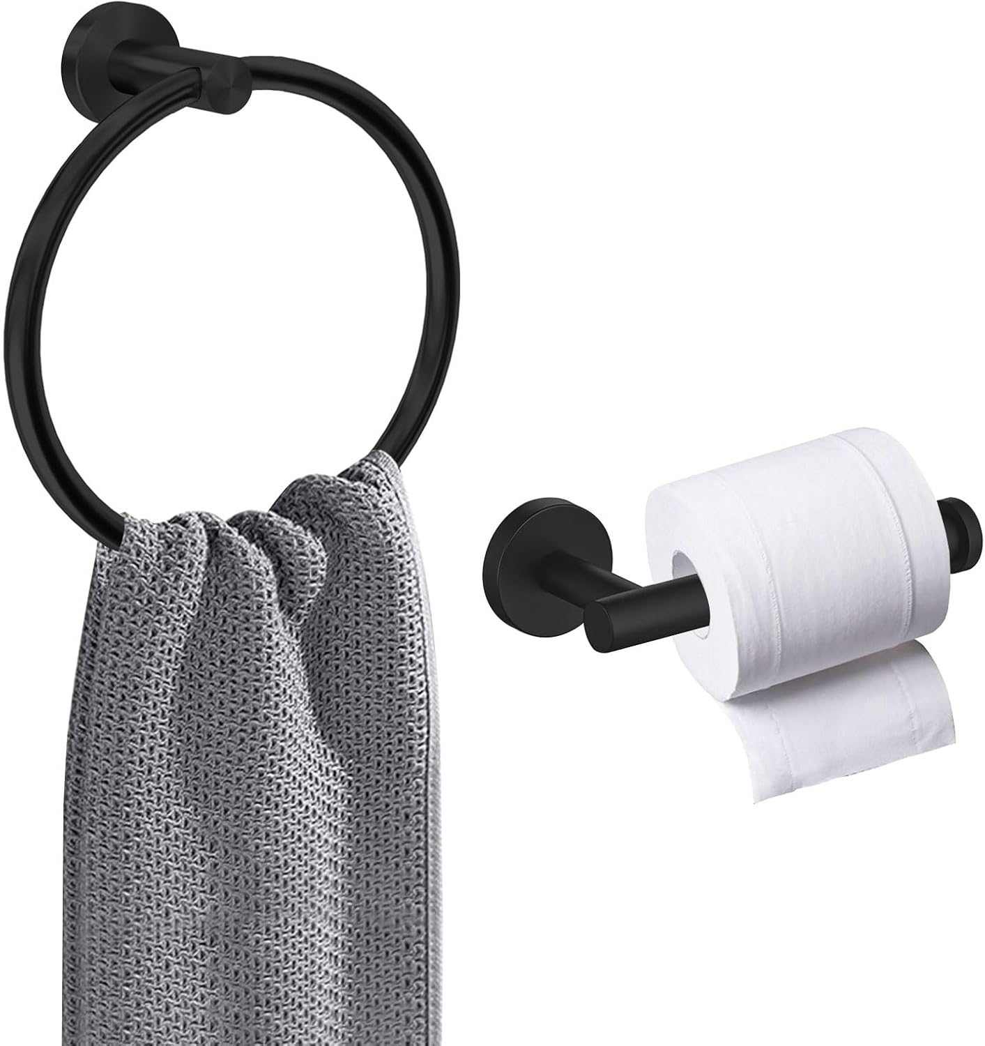 Toilet Roll Holder Towel Ring, Wall Mounted Classic Toilet Paper Holder, 2 Pieces Matte Black 304 Stainless Steel Bathroom Accessories