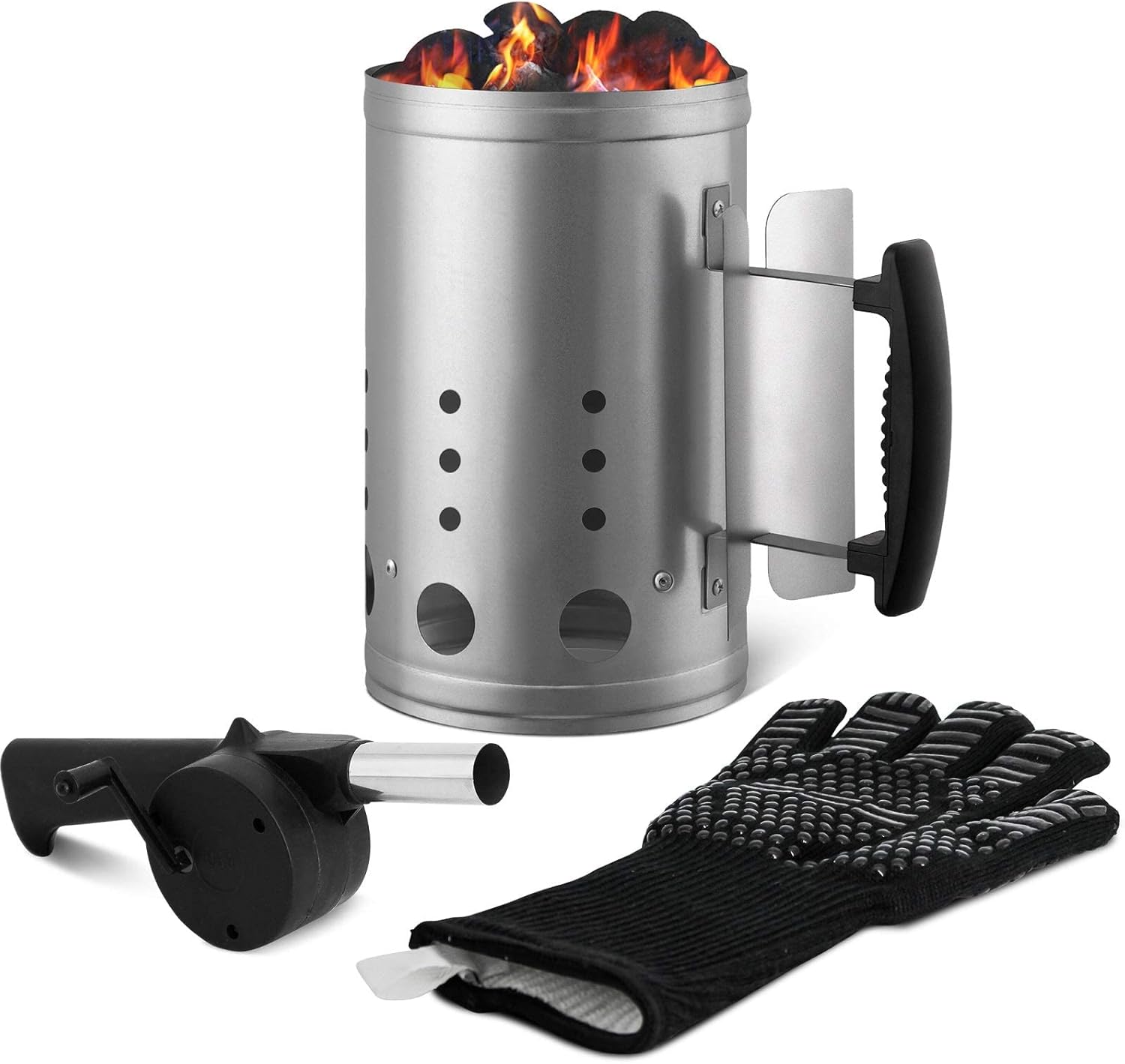 Charcoal Chimney Starter Set Charcoal Chimney Lighter Can A 1472℉ Heat Resistant Grill Glove Portable BBQ Fan Air Blower Outdoor Cooking Charcoal Barbecue Holder Accessories