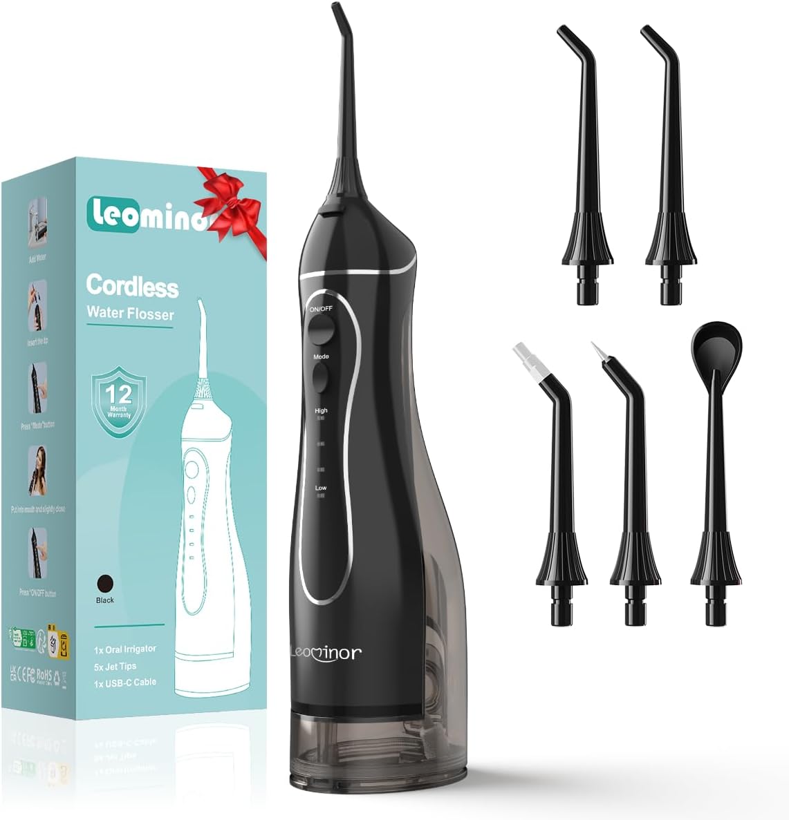 Leominor Water Dental Flosser Pick for Teeth, 300ML Portable Oral Irrigator Upgraded Tank Removable,IPX7 Waterproof, Rechargeable Travel Teeth Cleaner, Professional Electric Flossing Machine (Black)