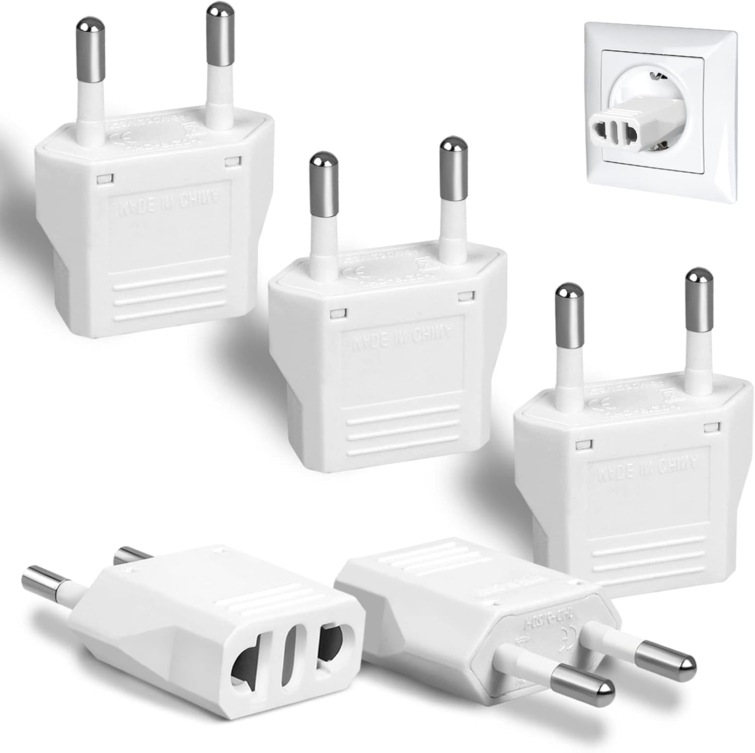 6 Pack US to Europe Plug Adapter - Type C European Travel Adapter, Wall Plug Power Converter for Europe (White)