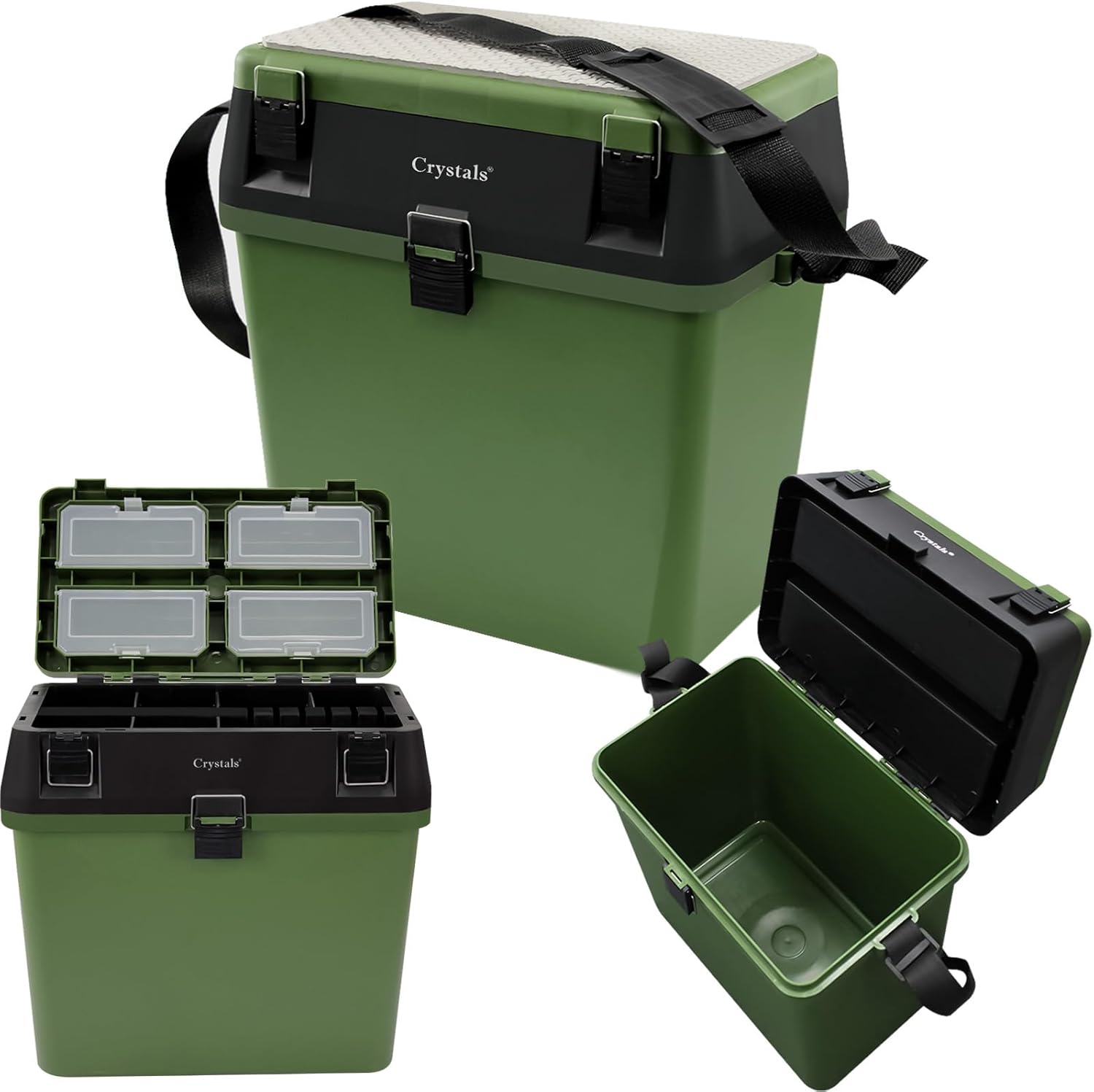 Crystals Fishing Tackle Box with Padded Seat & Straps, Fishing Lure Tackle Box, Fishing Tackle Storage Trays, Organizer Case Boxes Containers, for Vest Casting Fly Fishing - Green/Black (FB32)