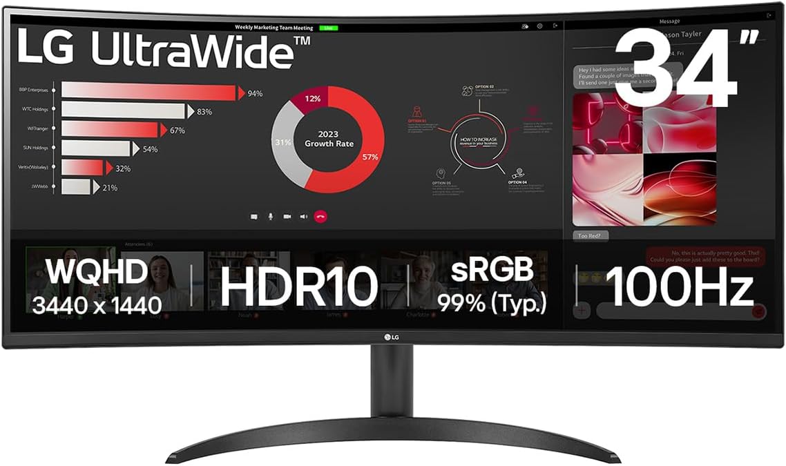 LG Electronics Curved UltraWide Monitor 34WR50QK, 34 inch, 1440p, 100Hz, 5ms Response Time, VA Panel, Smart Energy Saving, Displayport, HDMI