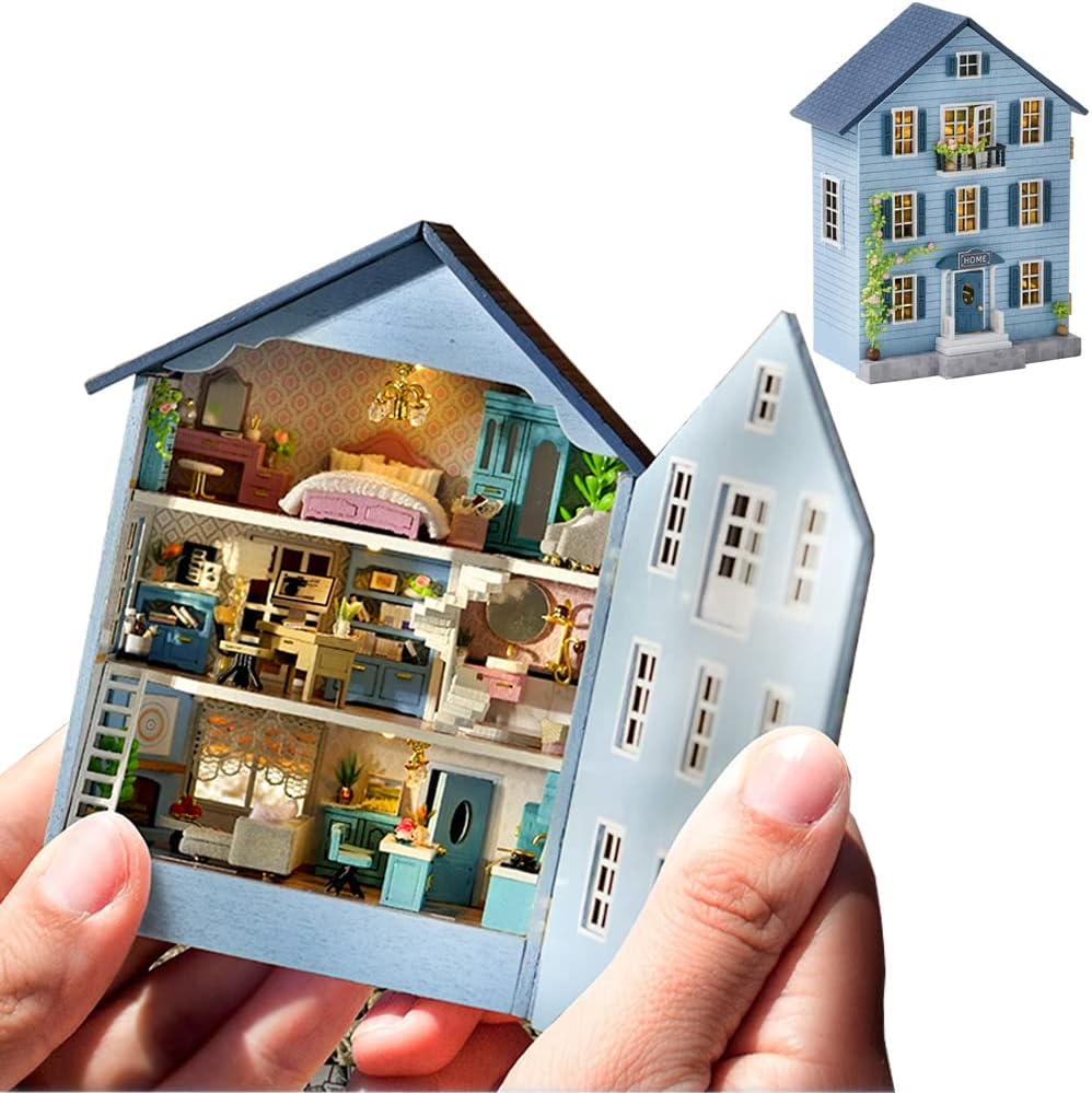 Dollhouse DIY Miniature Wooden Furniture Kit,Mini Handmade Doll House with LED,1:24 Scale Creative Woodcrafts Toys for Adult Friend Lover Birthday Gift (MoLan House)