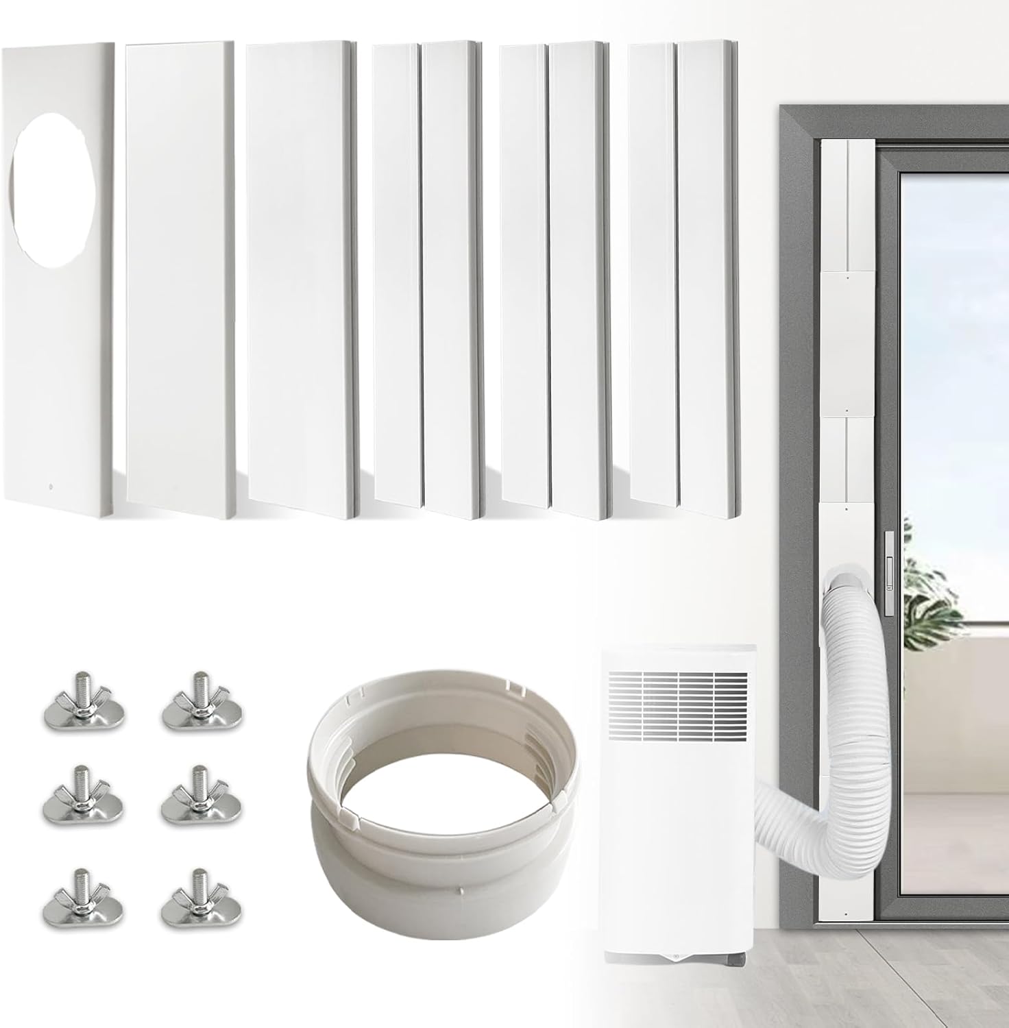 JEACENT Portable Air Conditioner Sliding Door AC Vent Kit, Universal Adjustable PVC Balcony Seal Kit Plates Up to 90 Inches, for 5.1" and 5.9" Diameter Portable AC Exhaust Hose