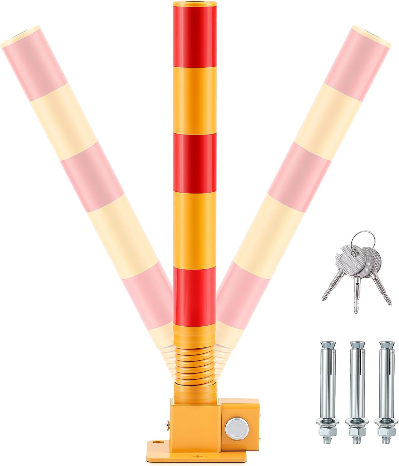 Zonon 1 Pcs Spring Parking Post Barrier, Folding Heavy Metal, Lock, Red | Obstacle Pile with Warning Stripes, Interceptor Bollard, Reinforced Base, Traffic-sensitive Area Garage