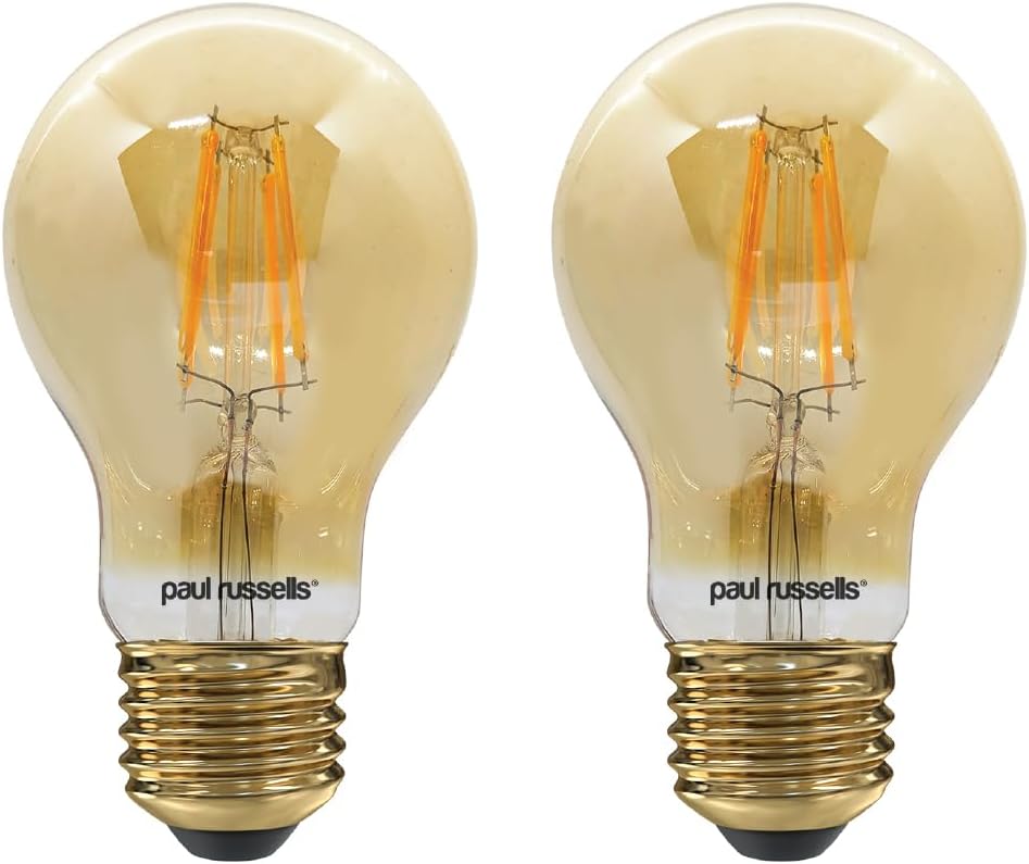 paul russells E27 Edison Screw LED Filament – 4.5Watt 35W Equivalent 400LM Lumens 2200K ES Standard GLS A60 – Amber Bright Energy Saving Light Non-Dimmable – Extra Warm White Bulbs - 2 Pack