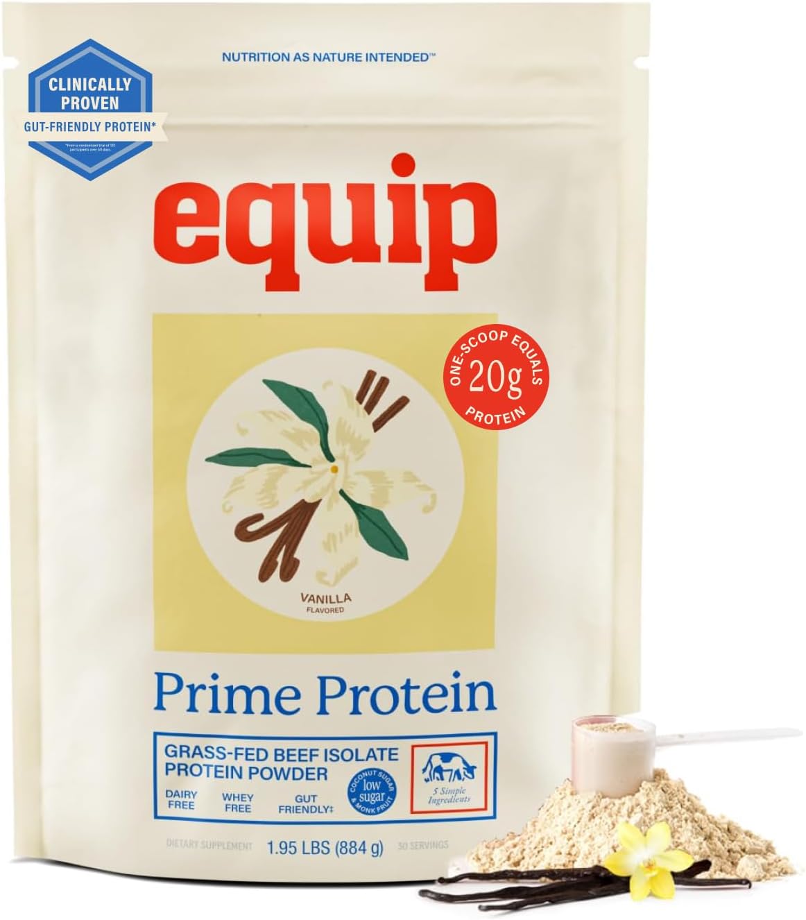 Equip Prime Vanilla Protein Powder - Gut-Friendly, Low Sugar Protein Shake Powder with Grass-Fed Beef & Natural Collagen - Rich & Creamy Mix - 21g Per Serving - Whey & Dairy-Free (30 Scoops)