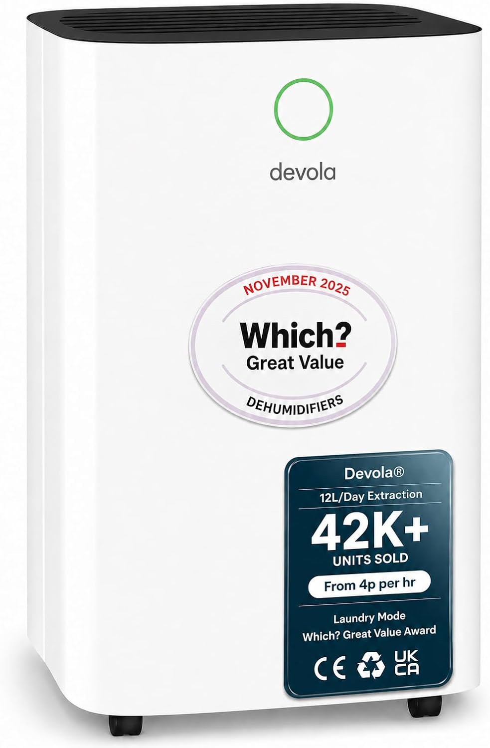 Devola 12L/day Low Energy Dehumidifier, Quiet & Energy Efficient (costs less than 5p per hour) Dehumidifiers for Home, Laundry Drying Dehumidifier, Dust Filter -WHICH? GREAT VALUE AWARD