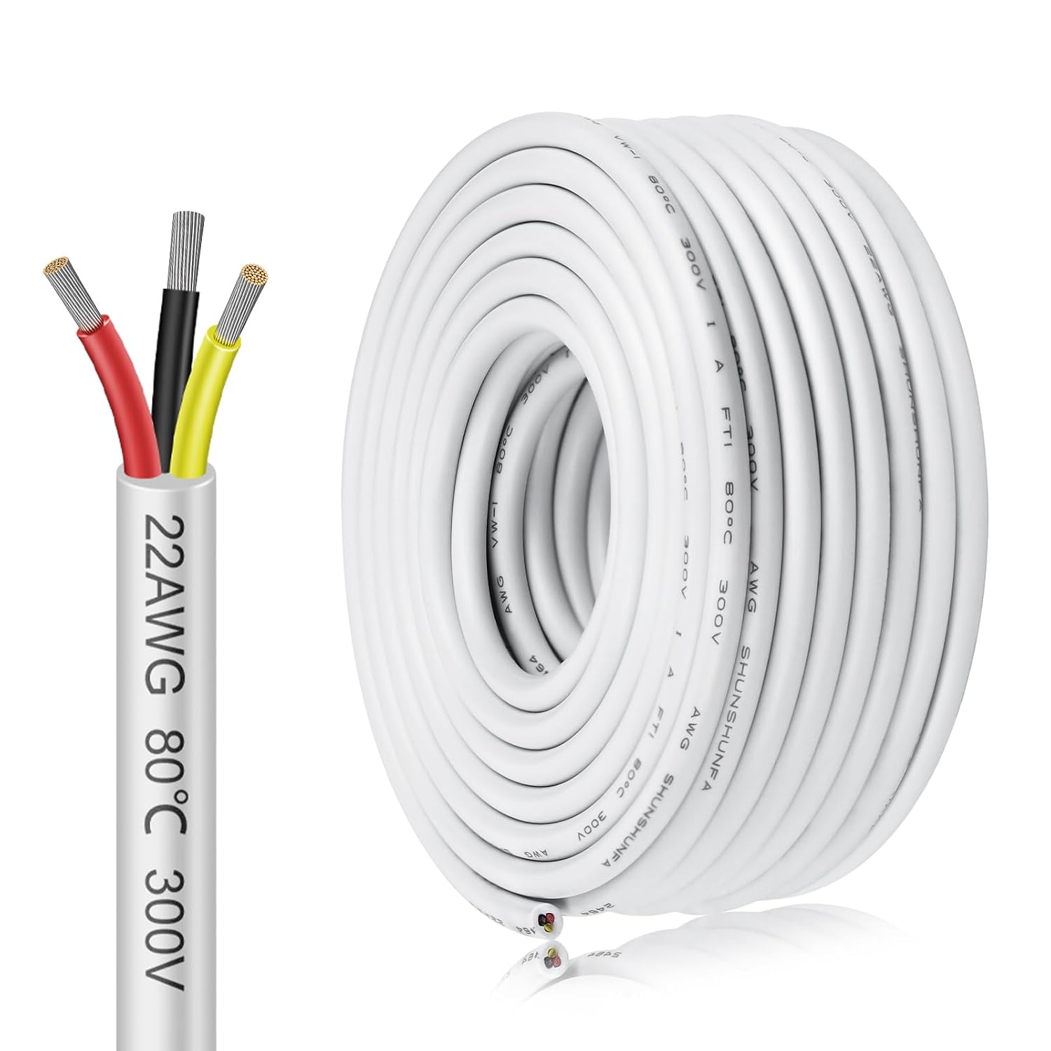 inShareplus 22AWG 10 Meter Electrical Wire 3 Core Cable, 5V/12V/24V White Tinned Copper Wires, 22 Gauge 300V Flexible and Soft Outdoor Cable High Temperature Resistant Extension Wire