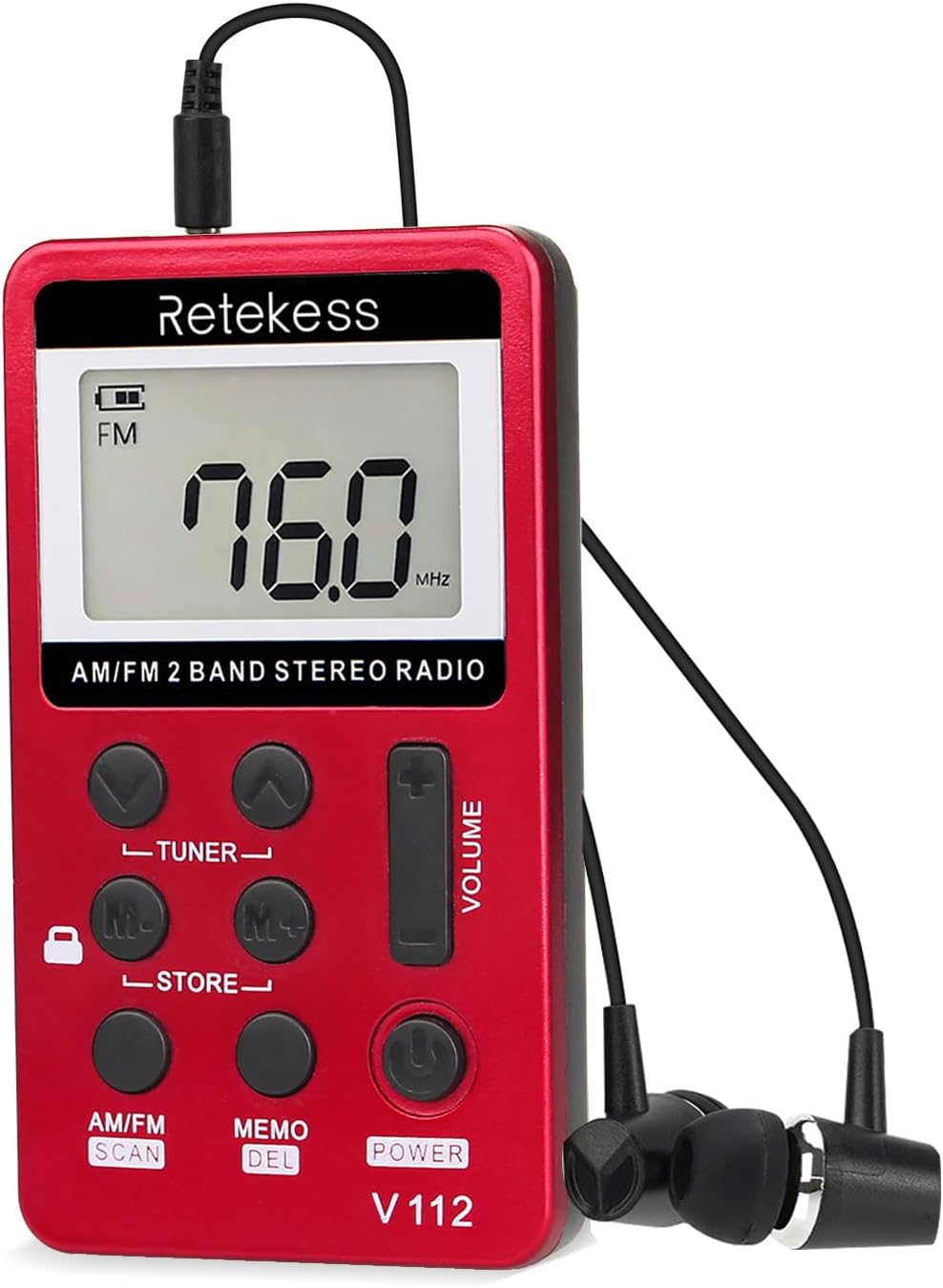 Retekess V112 AM Portable Pocket Radio, FM Receiver (Red) | for Walking, Jogging, Training, Church, Digital Tuning Stereo,with Headphones, Rechargeable Battery