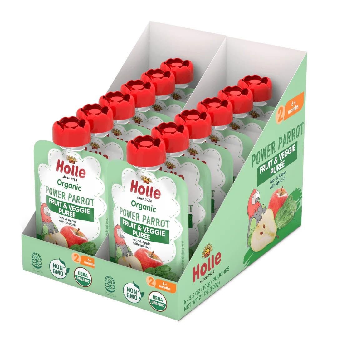 Holle Organic Baby Food Pouches, Pear Apple Spinach, 12 Pack, 3.5 oz | USDA Organic, Non-GMO, Biodynamic, No Added Sugar or Salt, 6+ Months