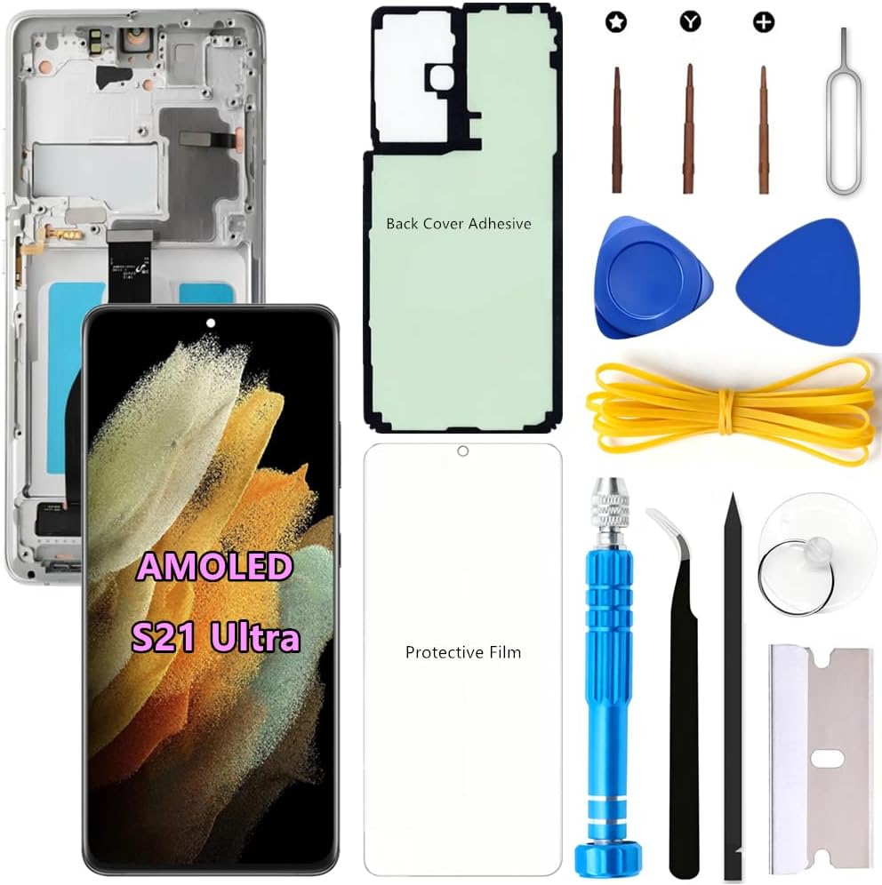 AMOLED Screen Replacement for Samsung Galaxy S21 Ultra 5G for Samsung S21Ultra SM-G998U SM-G998U1 LCD Display Digitizer Touch Assembly Support Fingerprint (Silver Frame+Protector+Adhesive+Tools)