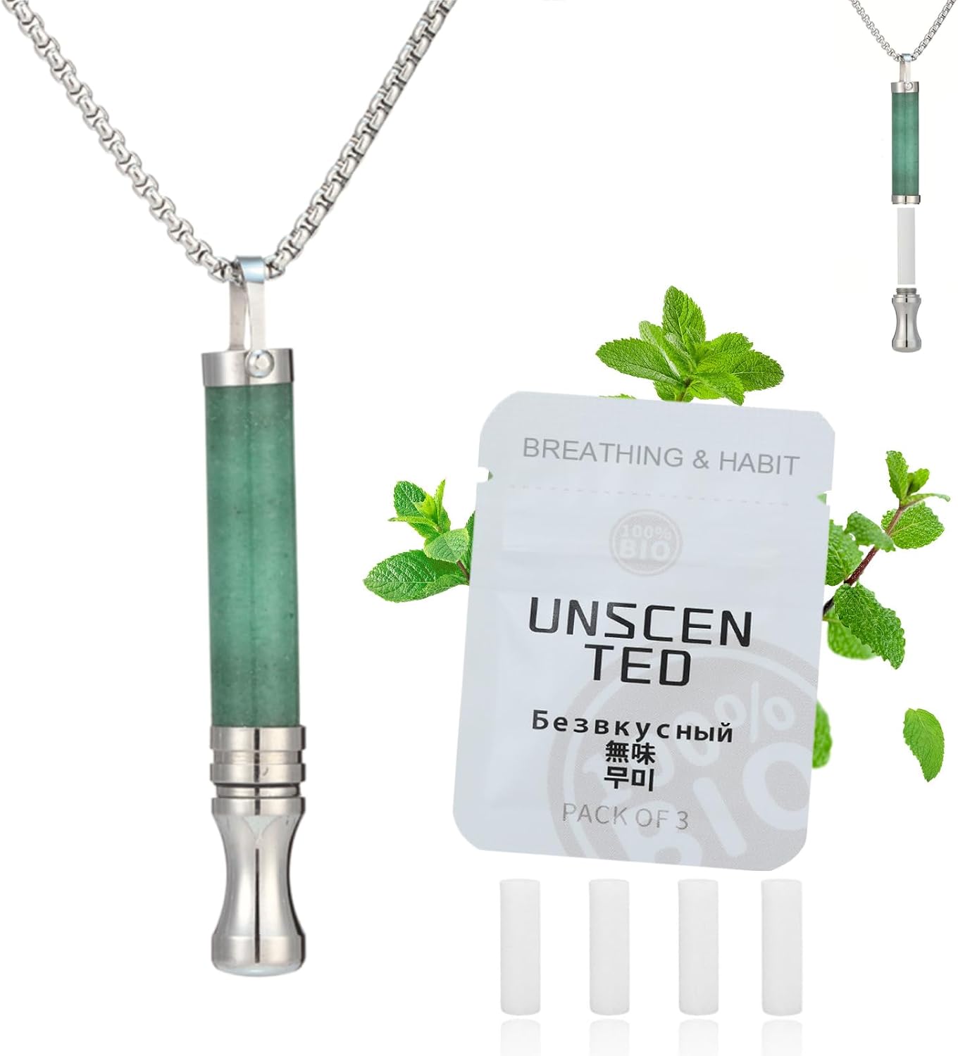 Breathing Necklace to Quit Smoking and Vaping Anxiety Relief Items Natural Calm Smokeless Inhaler Stop Smoking Aids Vaporless Inhaler Quit Smoking Fum Vaporless Inhaler for Natural Calm Stress Relief (Green Crystal)