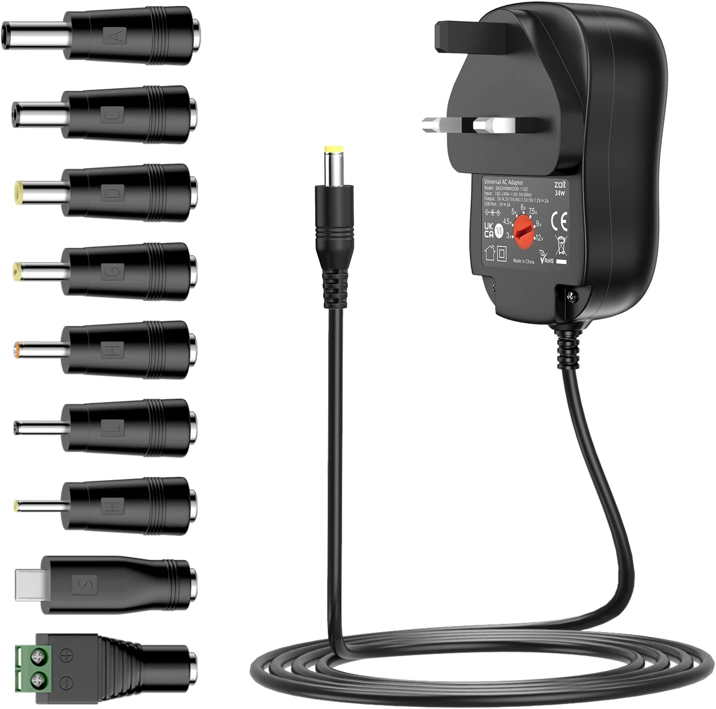 Zolt 34W Universal Power Adapter 3V 4.5V 5V 6V 7.5V 9V 12V Power Supply AC DC Adaptor for Household Electronics with 5V 2A USB Port, 2A Max