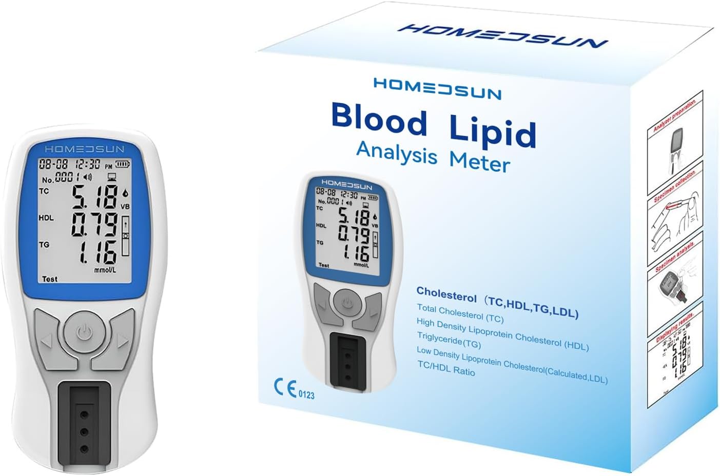 HOMEDSUN HSLPM102 4-in-1 Cholesterol Meter Kit with 10 Strips Lancets