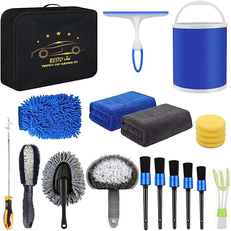 Xvoxy Car Cleaning Kit 20Pcs - Car washing Kit with 11L foldable Bucket - Car Cleaning Products (5 Detailing & wheel Brush)- Car wash kit interior & exterior - Car care gifts for Men/Women