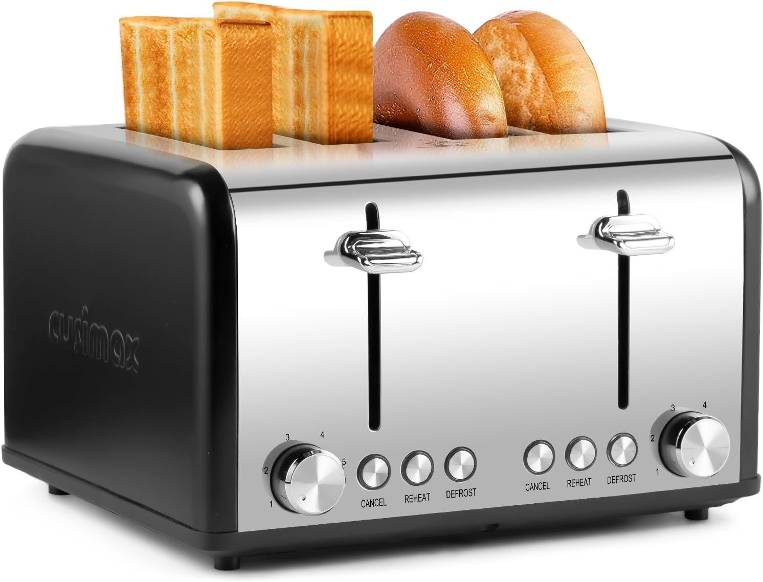 Cusimax Toaster, 4 Slices Toaster, Stainless Steel Toaster with 4 Extra-Wide Bread Slots and 6 Variable Browning Shade Controls, Featuring with Defrost/Reheat/Cancel Settings, Removable Crumb Tray