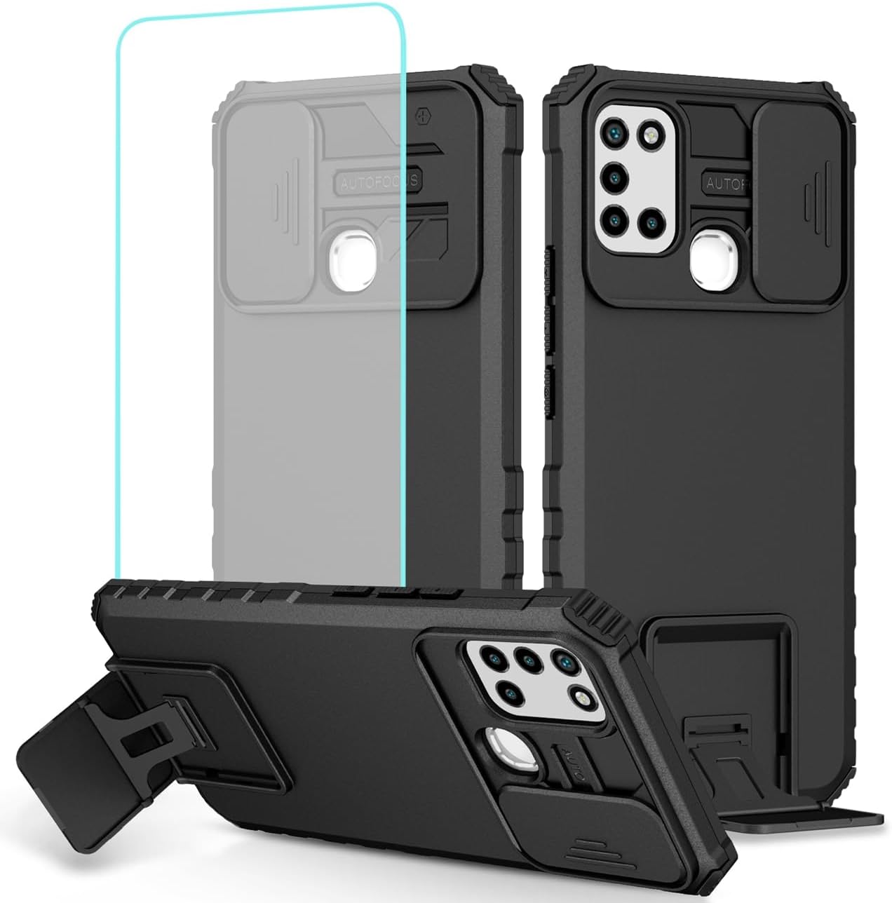 Case for Realme C17 Case, Realme 7i India RMX2101 Case with Tempered Glass Screen Protector and Slide Camera Cover, Heavy Duty Kickstand Slim Protective Phone Cover for Realme C17 Black