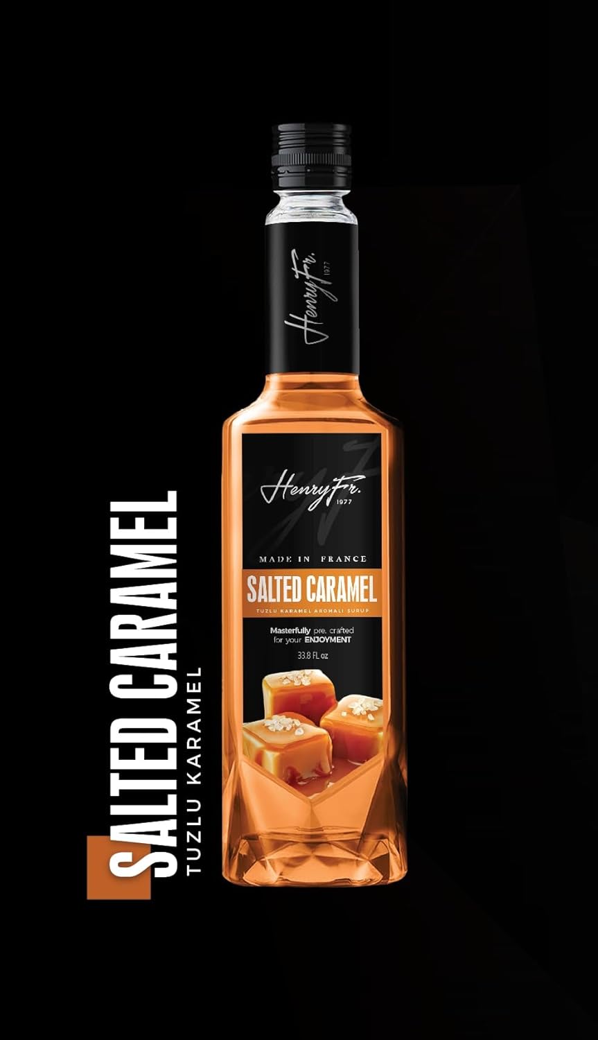 Salted Caramel Syrup for Coffee - Lattes, Mochas, Smoothies, & Shakes - Ice Slushies, Iced coffee, Pancake & Brownies 33.81 Fl. Ounces (1 liter) by Henry Fr. 1977 - Gluten Free (Packaging May Vary) (1 liter, Salted Caramel)