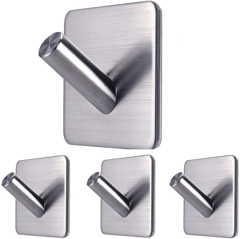 Adhesive Towel Hooks Hanger Anti-Skid Waterproof Stainless Steel Stick on Shower No Drill Sticky Hooks for Hanging-Bathroom and Kitchen 4 Packs