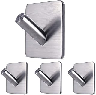 Adhesive Towel Hooks Hanger Anti-Skid Waterproof Stainless Steel Stick on Shower No Drill Sticky Hooks for Hanging-Bathroom and Kitchen 4 Packs