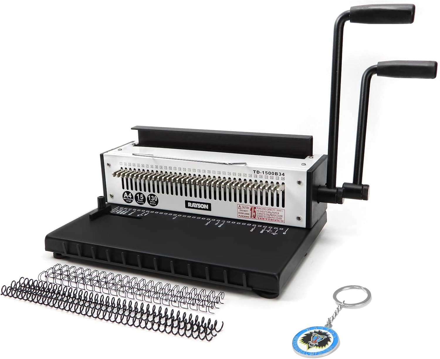 RAYSON TD-1500B34 3:1 Pitch Wire Binder, 15-Sheet Punch, 130-Sheet Capacity | Wire binding machine with 34 fully disengageable square-hole punch pins for custom hole patterns on A4 and Letter sheets.