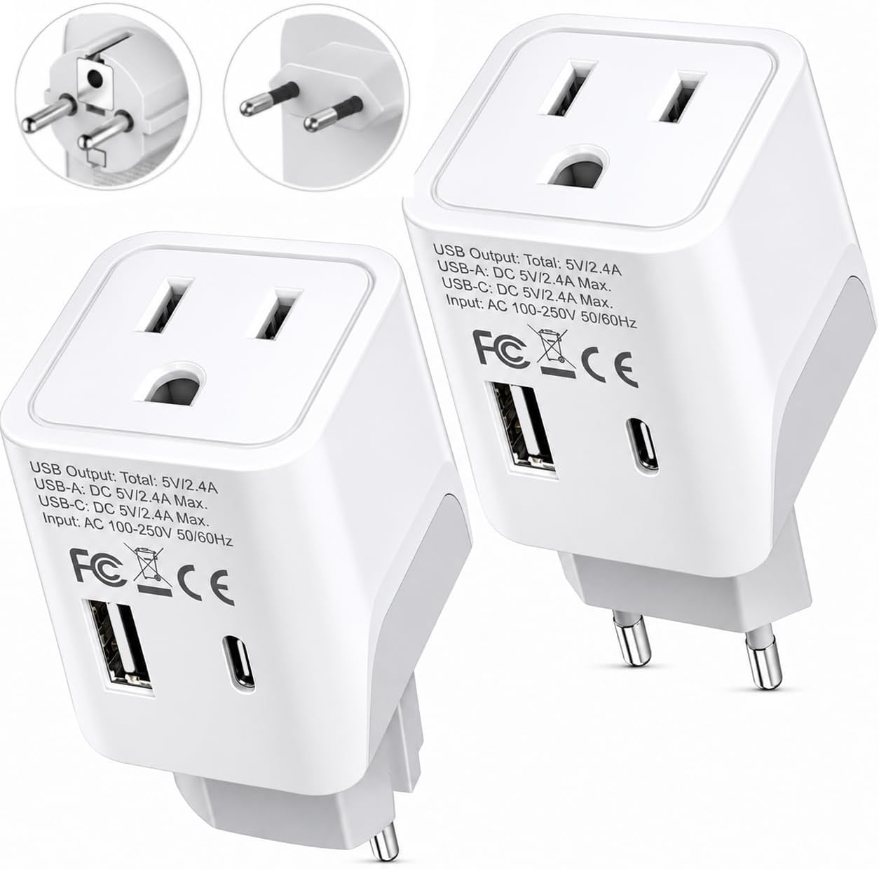 Ceptics European Plug Adapters Combo - Type C, E/F - USB-A + USB-C
