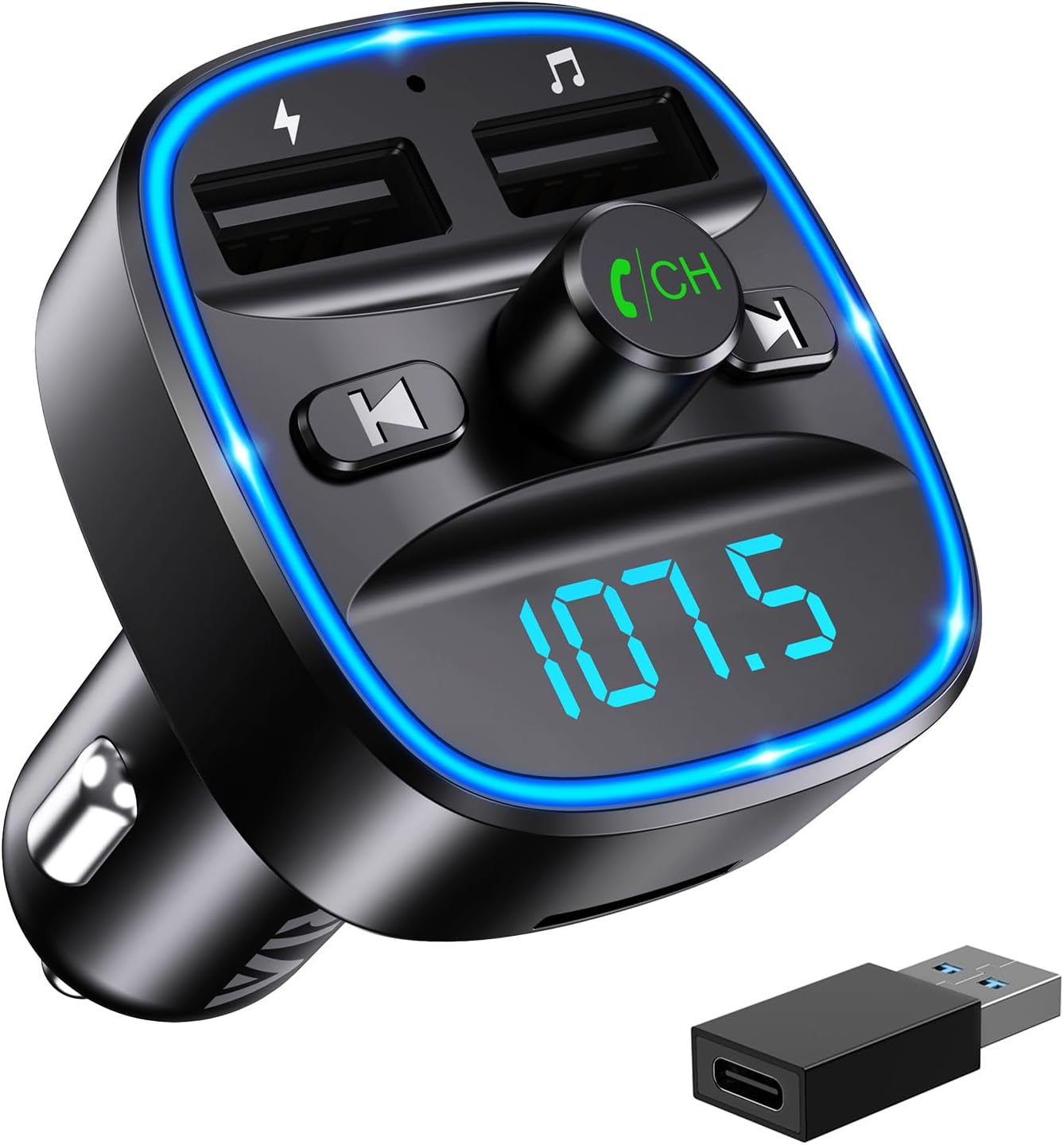 ORIA Bluetooth 5.3 FM Transmitter for Car, Bluetooth Car Music Wireless Radio Adapter, Universal Car Charger with Dual USB Charging, Support TF Card & USB Disk (USB-C Converter Included)