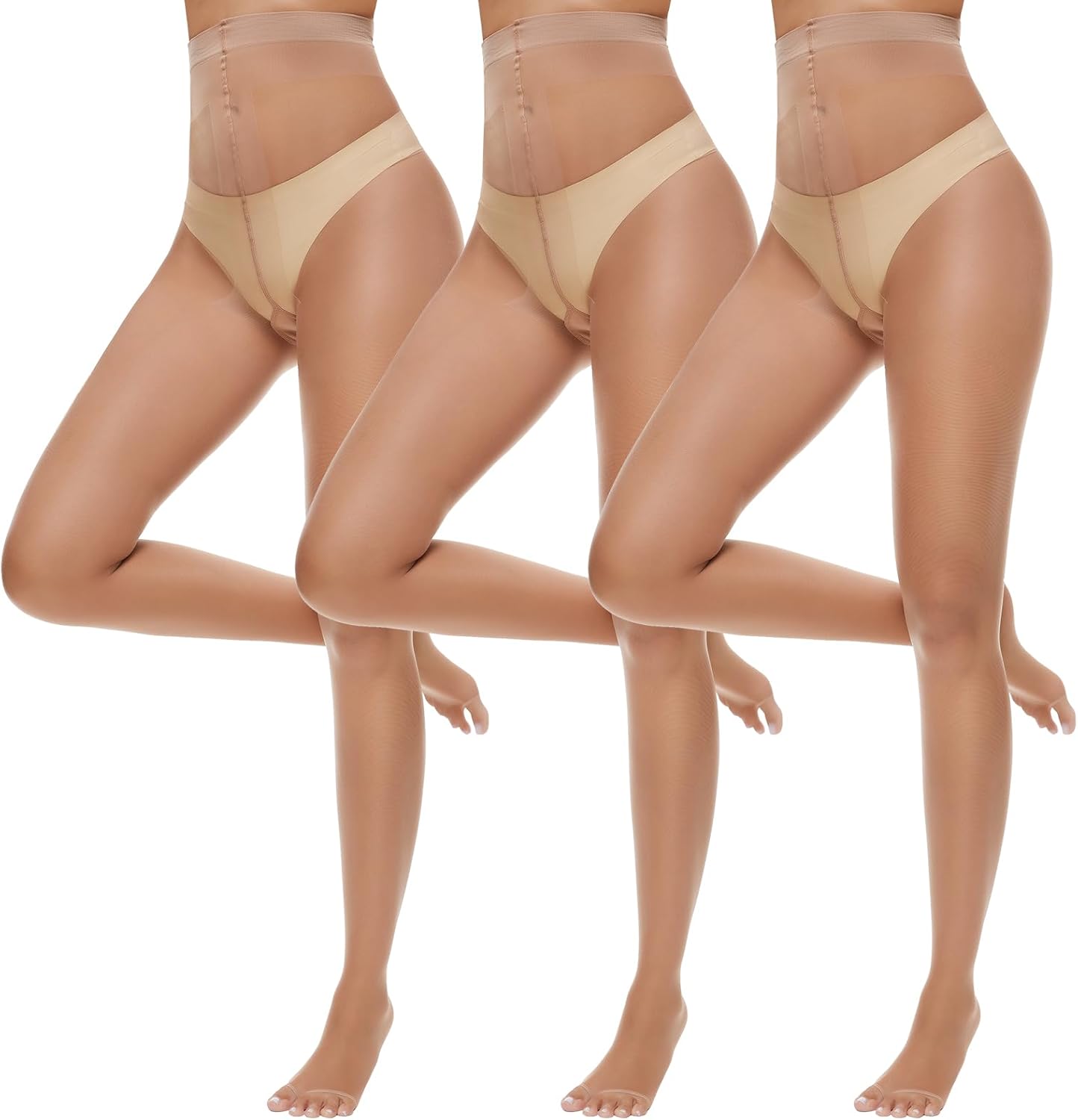 MANZI 3 Pairs Toeless Tights Comfort 10 Denier Ultra Thin Soft Sheer Open Toe Pantyhose Nylons for Women