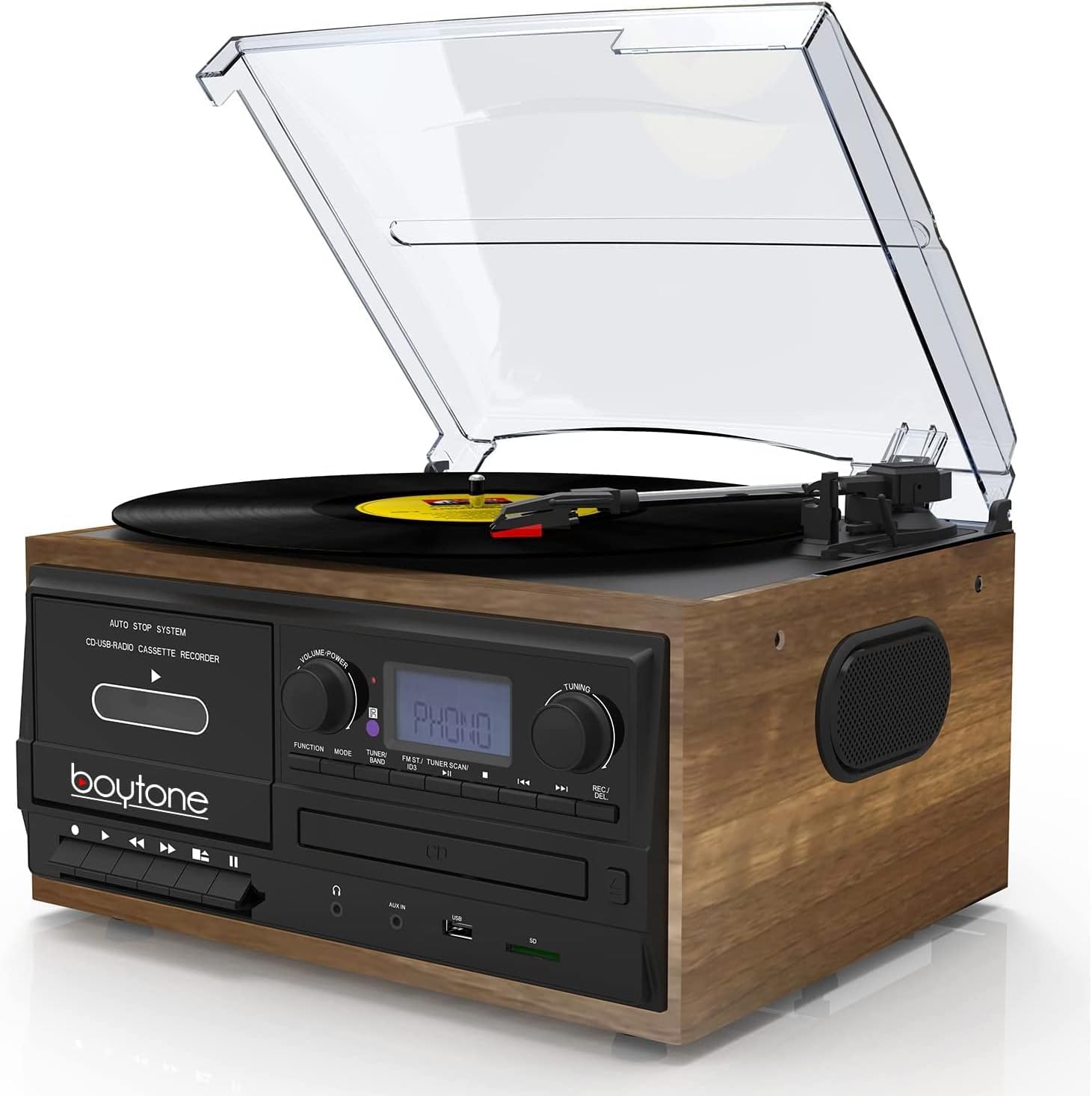 Boytone BT-32W Bluetooth Classic Record Player Turntable All-in-One Bookshelf System with AM/FM Radio, CD/Cassette Player, Stereo Speakers, Record from Vinyl, Radio, and Cassette to MP3, USB/SD, AUX