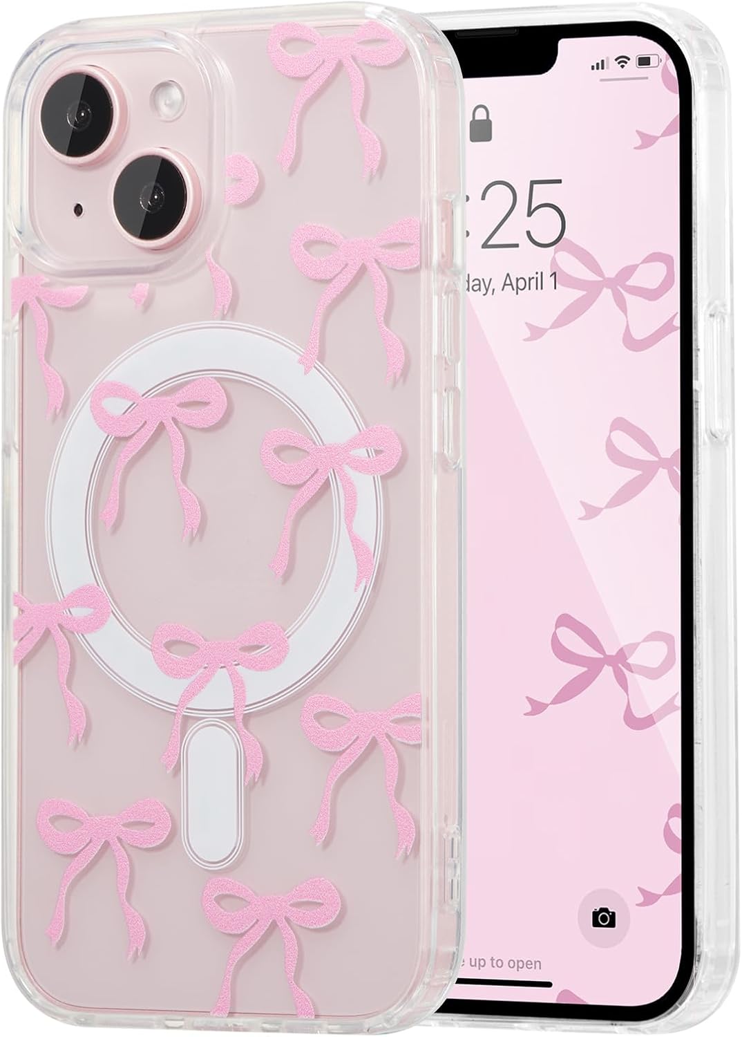 UEEBAI Magnetic for iPhone 15 Case, Bow Case Compatible with MagSafe, Wireless Slim Clear Ribbon Aesthetic Phone Cover Anti-Yellowing Shockproof Protective Cover for Women Girl - Pink