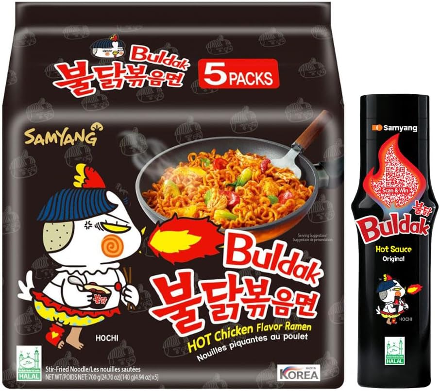 Hot Chicken Ramen Spicy Fire Noodle Ultimate Challenge - 5 Packs Original Noodles & 1 Bottle Fire Sauce