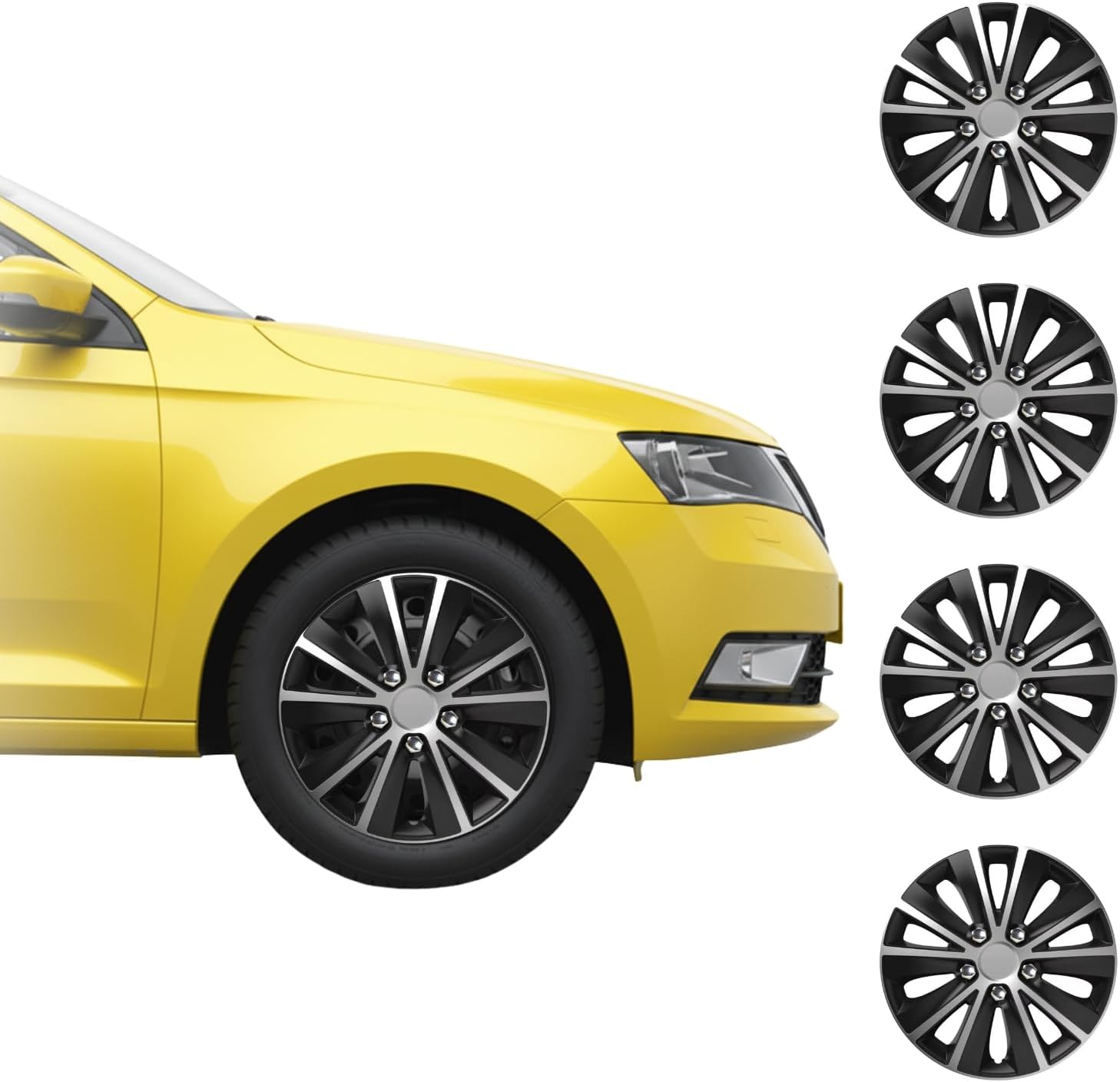 Shield Autocare Car Wheel Trims | Set of 4 Hub Caps Universal Fit Cover Protectors (Rapide, Black & Silver, 14 Inch)
