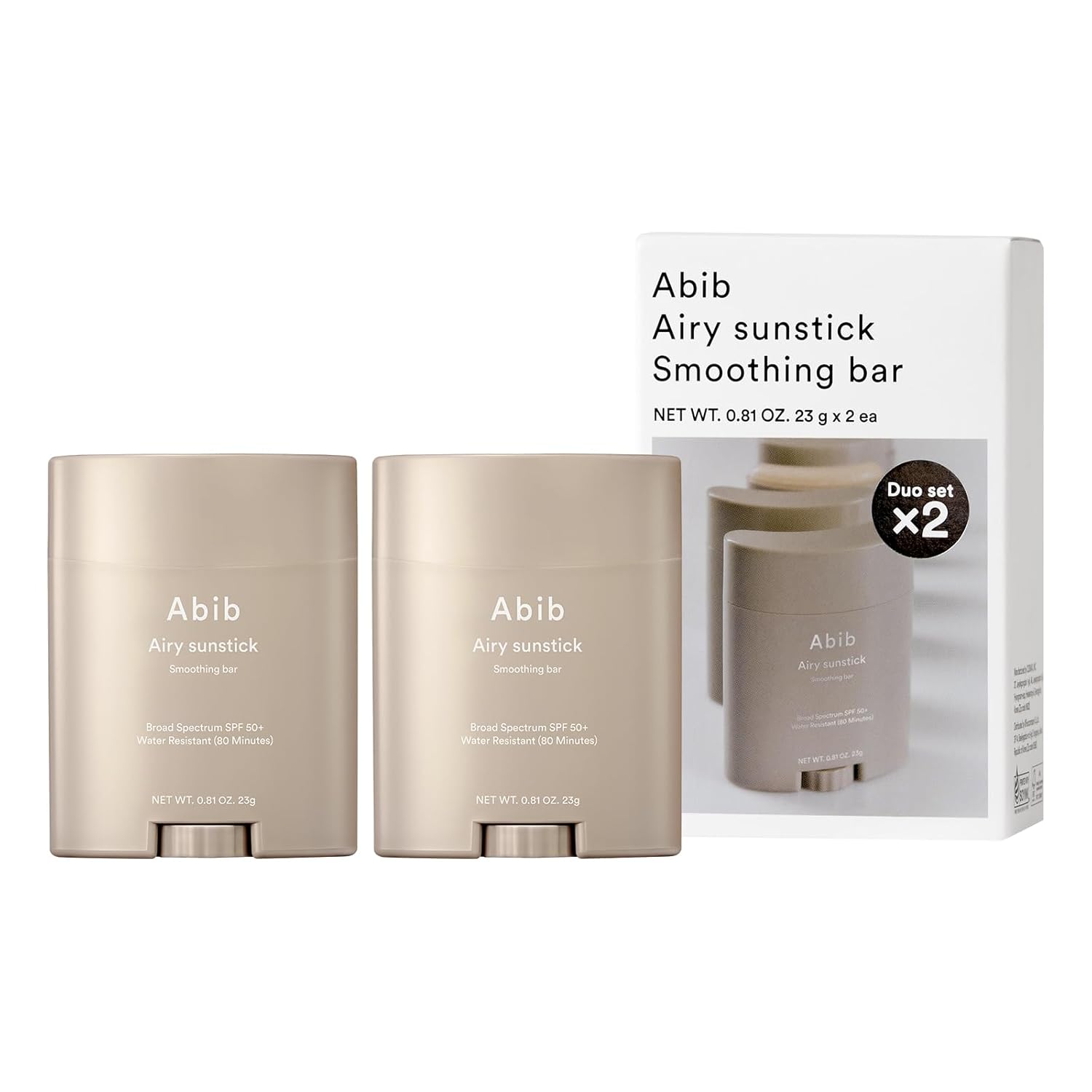 Abib Airy Sunstick Protection Bar DUO SPF50+ Broad Spectrum, Semi-Matte Sunscreen Stick for Oily & Combination Skin, No White Cast, Water-Resistant, Korean Sunscreen, 0.81 oz / 23 g, 2 Count