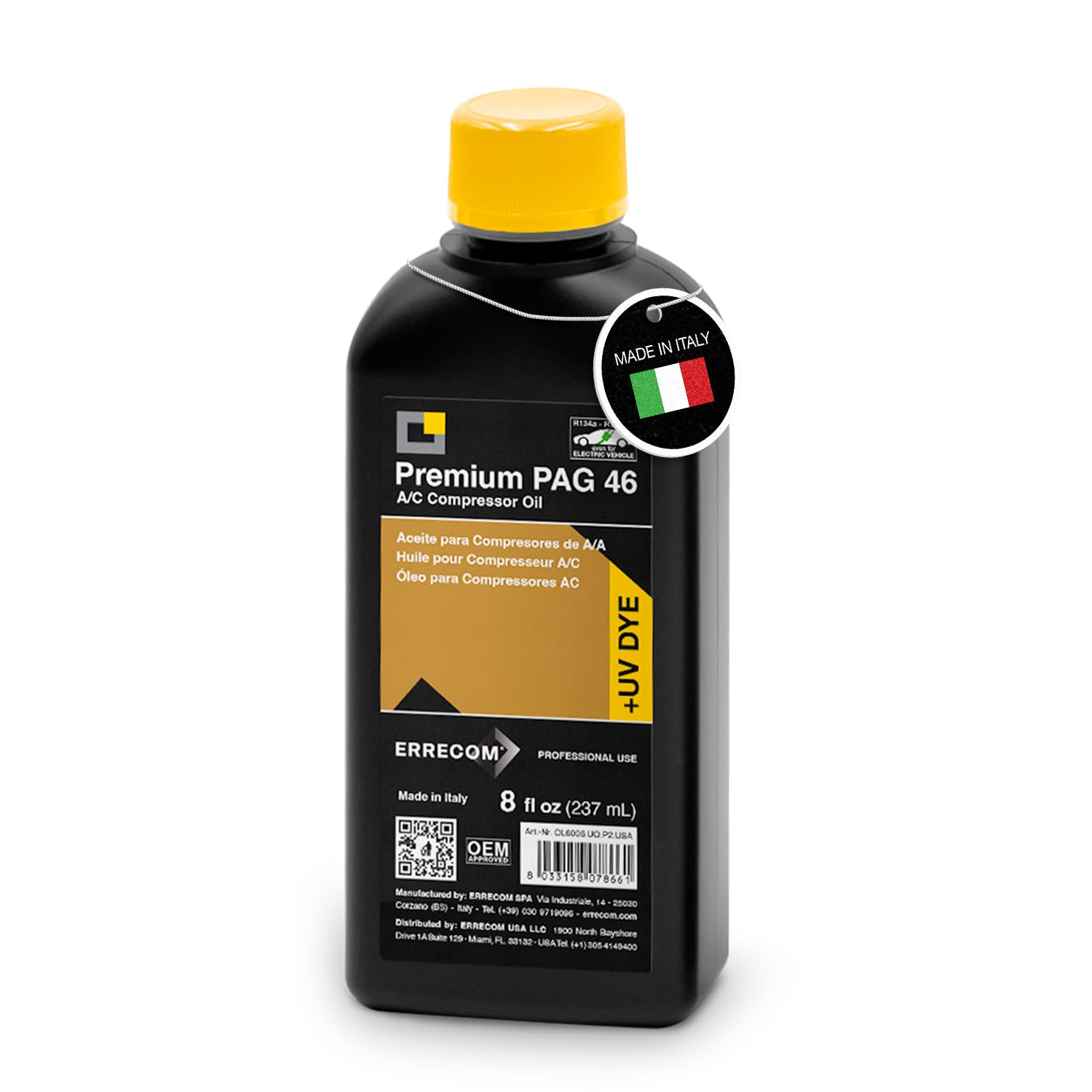 PAG 46 + Dye - 8 flz, A/C Compressor Oil for Vehicles, Including Electric Compressors, Working with R134a and R1234yf