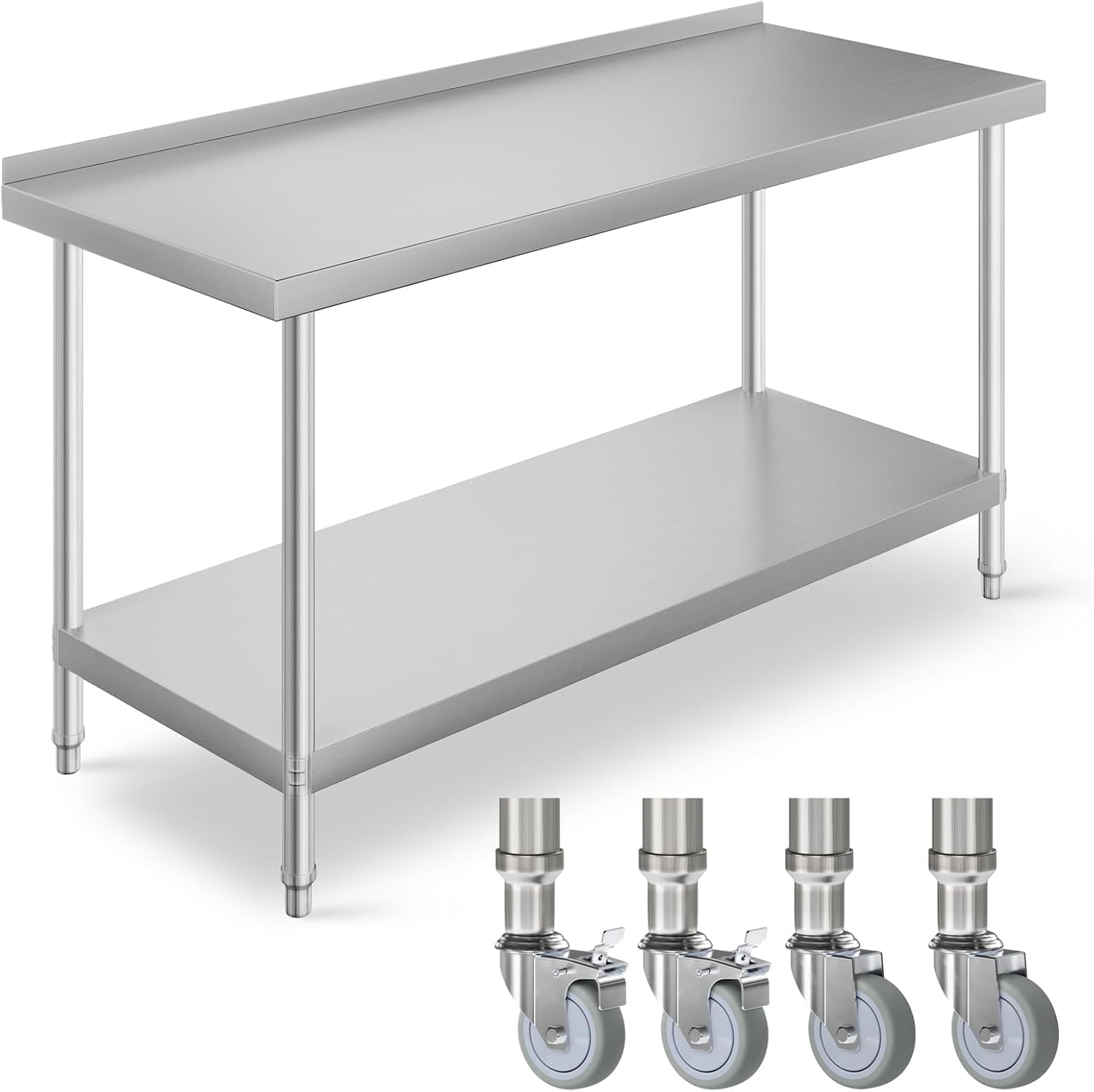 FIDOOVIVIA Stainless Steel Commercial Prep Table, 120 x 60 x 80cm Modern Worktop with 3.5cm Backsplash, Heavy Duty Kitchen Food Prep Table with 4 Wheels & Bottom Shelf, Silver