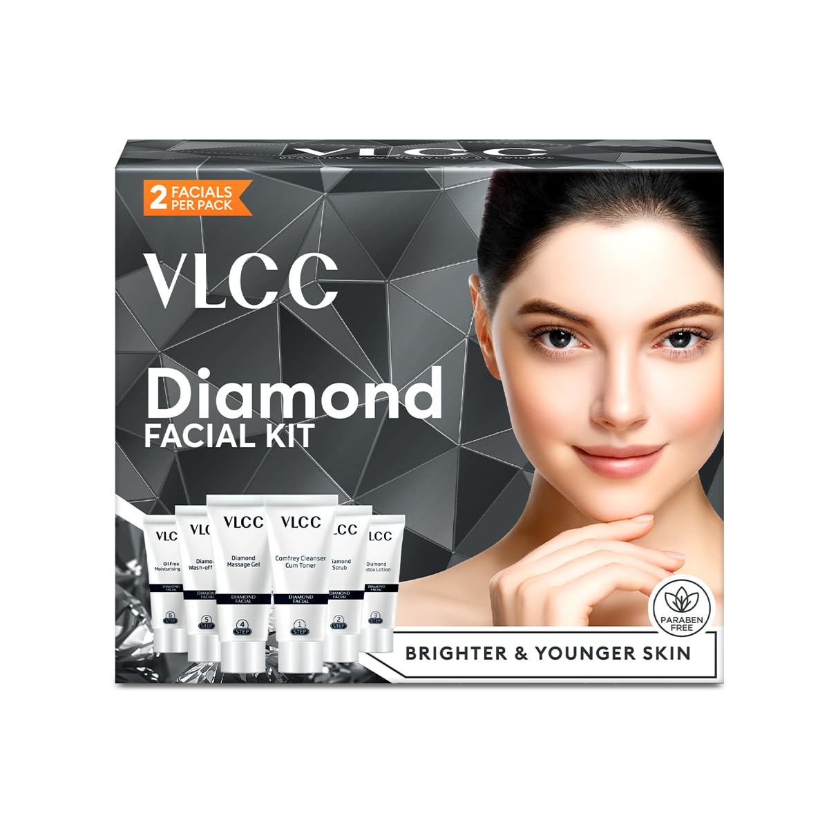 VLCC Diamond Facial Kit - Single Use | Salon Like Facial at Home in Just 6-Steps | Includes Cleanser, Scrub, Cream, Face Pack & Moisturizing Gels | 2.12 Oz/60g