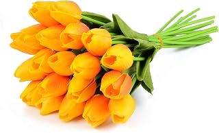 Artificial Tulips Bridal Wedding Festival Decor Bouquet Real Touch PU Flower Bouquet Pack of 20 (Yellow and Red)