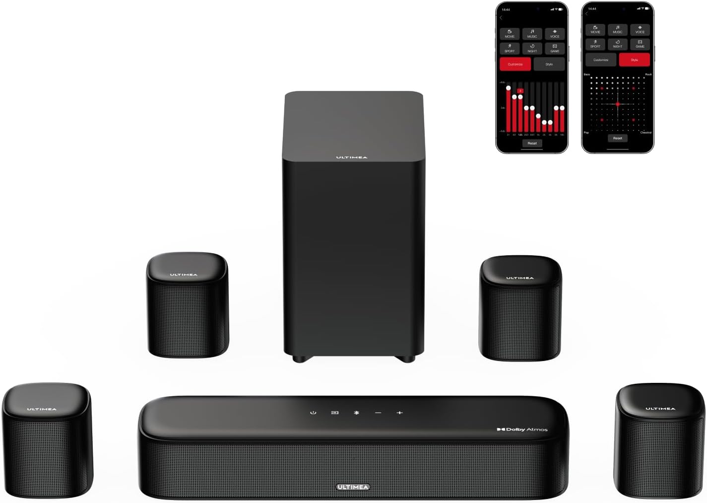 ULTIMEA 7.1ch Sound Bar with Dolby Atmos, Surround Sound System for TV with 4 Surround Speakers, Sound Bar for Smart TV with App Control, Surround Sound System for Home Theater, HDMI eARC, Aura A60