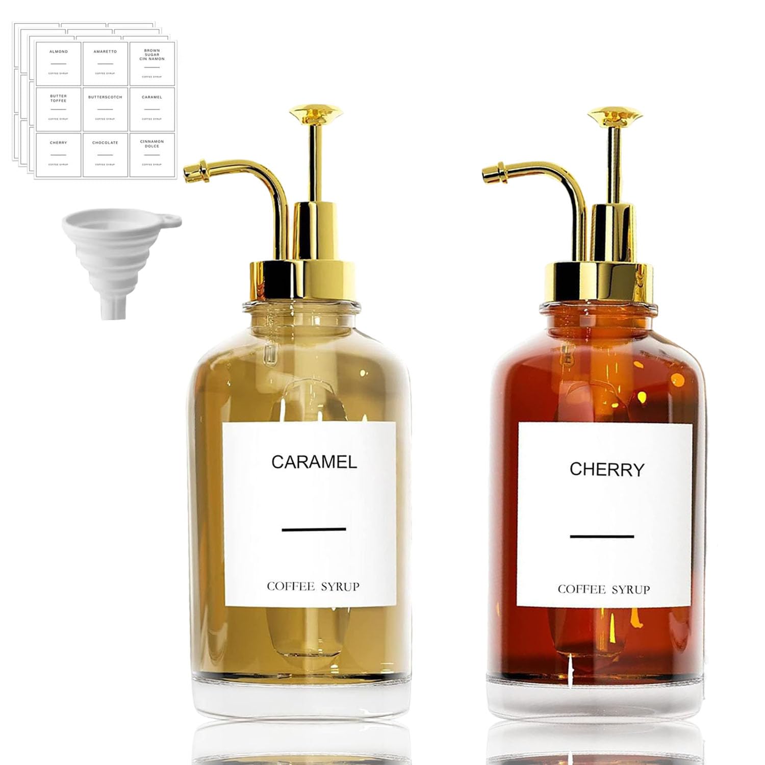 2Pcs Coffee Syrup Dispenser,500ml Syrup Dispenser,Glass Syrup Bottle with Elegant Pumps and 36 Labels and Funnel & Pump,Syrup Pump Dispenser Honey Dispenser,Coffee Syrup Pump,Coffee Bar (Gold)