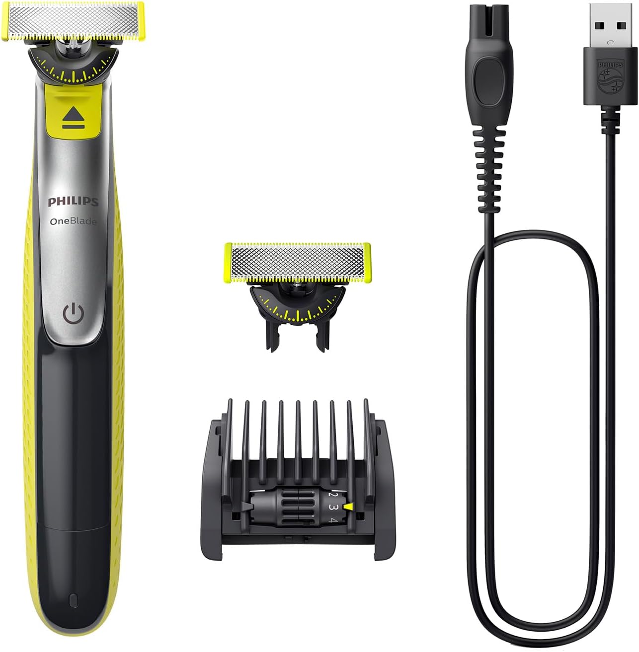 Philips OneBlade 360 Face, Authentic Hybrid Electric Beard Trimmer & Shaver with 360 Blade Innovation. Incl. 1x 360 Blade, 1 x Extra 360 Blade (8 Month Supply), 5-in-1 Adjustable Comb, Model QP2734/30