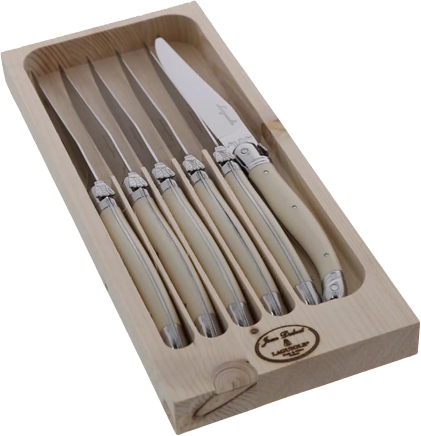 Jean Dubost Laguiole 6-Piece Steak Knife Set, Ivory Handles - 1.2 mm Blades - Rust-Resistant Stainless Steel - Includes Wooden Tray - Made in France