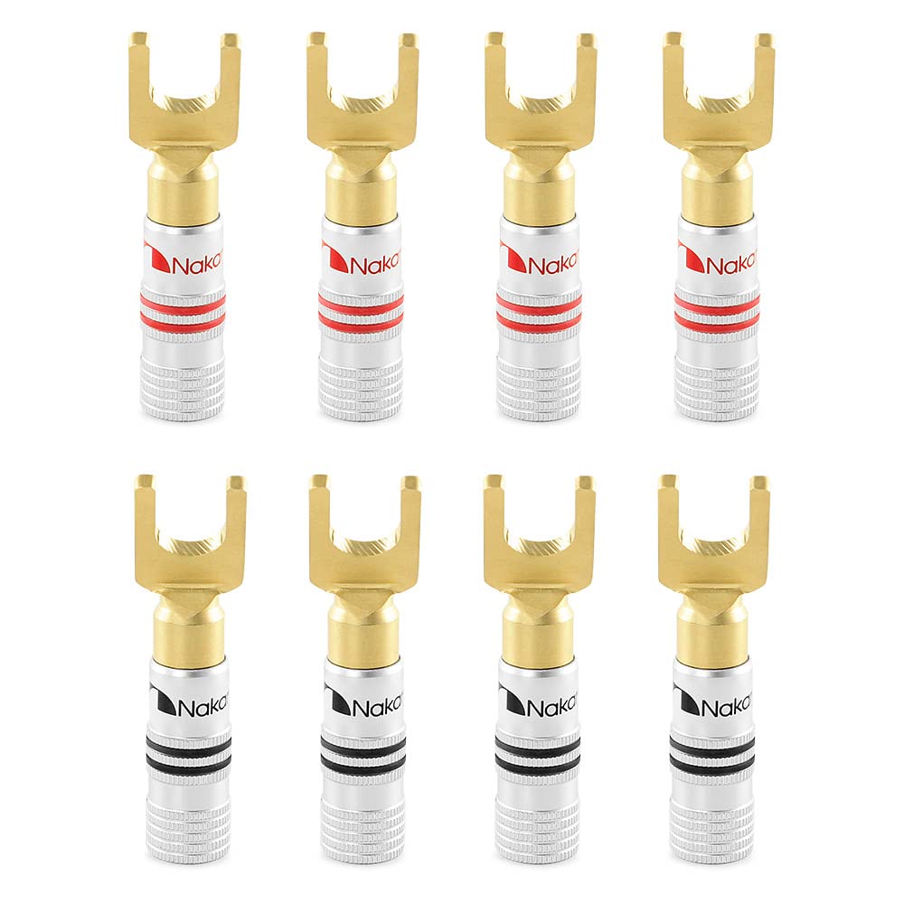 Nakamichi Excel Series 24k Gold Plated Spade Y Banana Plug 12-18 AWG Gauge Size 4mm Speakers Amplifier Hi-Fi AV Stereo Home Theatre Audio Wire Cable Screw Connector, 8 Pcs (4-Pairs)