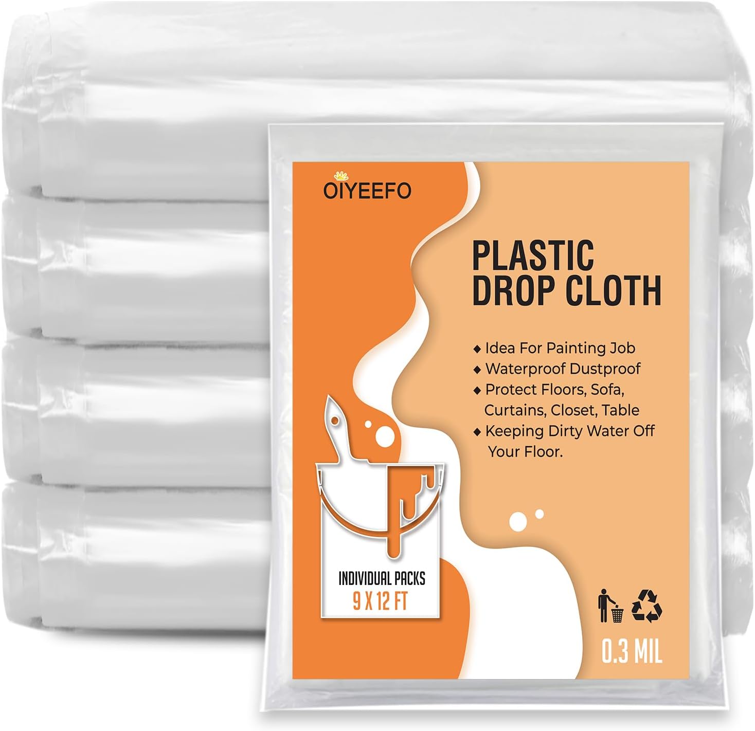 Clear Plastic Sheeting Drop Cloths for Painting, 5 Pcs 9x12ft Plastic Tarp Waterproof Dustproof Almost Tear Resistance Multi-Purpose Furniture Cover Floor Wall Protection Film