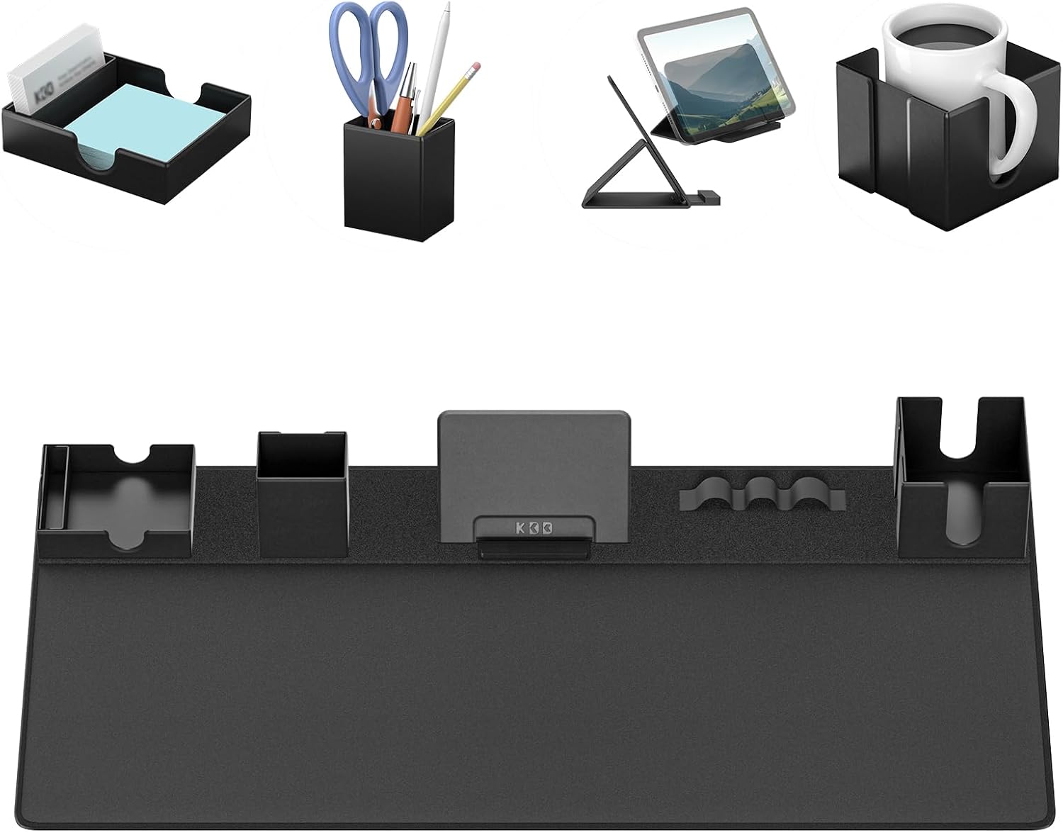 KDD Mouse Pad and Organizer Set - 6 in 1 Desk Mat Storage Accessory with Hook and Loop Fastener DIY Feature for Tablet Stand/Cup Holder/Card Holder/Pen Holder/Cable Management for Office and Home